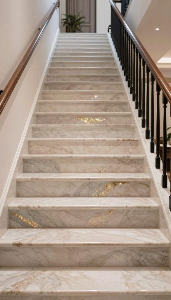 A luxurious staircase showcasing high-end risers crafted from textured Venetian plaster with elegant metallic undertones. The foreground highlights the intricately designed stair risers, featuring a blend of soft pastel hues and shimmering metallic accents, creating a modern yet timeless appeal. The middle ground captures the full staircase, with sleek wooden handrails and polished marble steps, accentuating the opulence of the entryway. In the background, softly blurred lighting illuminates the space, enhancing the warmth and sophistication of the atmosphere. The scene is captured from a low angle, inviting viewers to admire the beauty of the stair risers and the overall grandeur of the design. The mood is serene and inviting, perfect for a high-end interior setting.