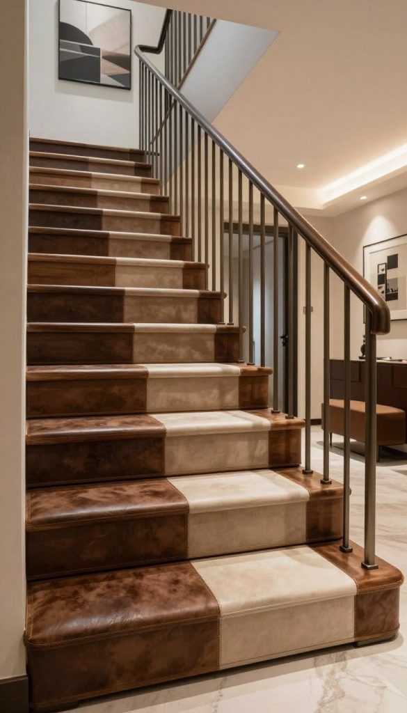 A luxurious stairway featuring an elegant upgrade with Italian leather and premium suede upholstery. In the foreground, intricately designed stair risers wrapped in rich, textured leather, highlighting deep shades of espresso and cream, softly reflecting ambient light. The middle section showcases a graceful staircase, with polished wooden steps accented by sleek metal railings, designed with minimalist aesthetics. Subtle shadows play across the textured surfaces, enhancing depth. In the background, a tastefully decorated entryway with soft, warm lighting illuminating the space, framed by contemporary artwork on the walls. The mood is sophisticated and inviting, evoking a sense of luxury and comfort, perfect for an upscale residence. The angle captures both the stairway and the inviting entry, emphasizing the luxurious materials.
