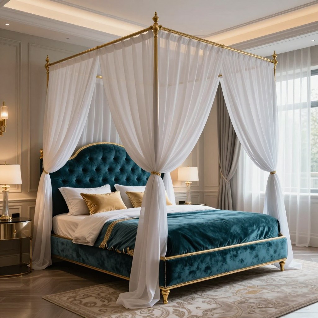 A luxurious upholstered four poster bed with a grand canopy, set against an elegantly decorated master bedroom. The bed features rich, deep teal velvet fabric, embellished with intricate gold trim and plush, tufted headboard. The canopy is lightly draped with sheer, flowing white fabric, creating a dreamy atmosphere. Soft, ambient lighting illuminates the space, casting gentle shadows. Decorative pillows in soft gold and cream adorn the bed, while an opulent plush area rug in subtle patterns enhances the rich interior. The background reveals tasteful wall decor, elegant chandelier lighting, and large windows draped with sheer curtains, allowing natural light to filter through, contributing to a serene and inviting mood. The scene captures the essence of modern luxury and sophistication. A luxurious upholstered four poster bed with a grand canopy, set against an elegantly decorated master bedroom. The bed features rich, deep teal velvet fabric, embellished with intricate gold trim and plush, tufted headboard. The canopy is lightly draped with sheer, flowing white fabric, creating a dreamy atmosphere. Soft, ambient lighting illuminates the space, casting gentle shadows. Decorative pillows in soft gold and cream adorn the bed, while an opulent plush area rug in subtle patterns enhances the rich interior. The background reveals tasteful wall decor, elegant chandelier lighting, and large windows draped with sheer curtains, allowing natural light to filter through, contributing to a serene and inviting mood. The scene captures the essence of modern luxury and sophistication.
