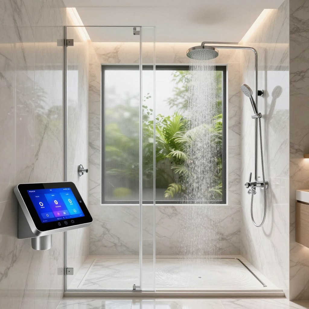 A luxurious walk-in shower showcasing advanced smart technology integration. In the foreground, a sleek digital control panel displays a vibrant interface with touch sensors, allowing personalized settings for temperature and water flow. The middle layer features a spacious, elegantly designed shower area with oversized rainfall showerheads, surrounded by smooth marble tiles that reflect light. Ambient LED lighting creates a calming atmosphere, subtly highlighting the chrome fixtures. The background reveals a frosted glass wall with lush greenery visible just beyond, enhancing the spa-like feel. The overall mood is serene and modern, evoking a sense of tranquility and innovative design. The composition is shot from a low angle to emphasize the height of the shower features and the grandeur of the space.