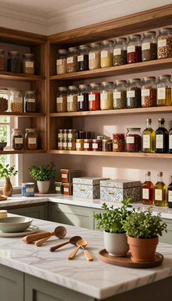 A luxurious, well-organized pantry showcasing elegant wooden shelves filled with beautifully labeled glass jars of spices, grains, and gourmet oils. The foreground highlights an intricate marble countertop displaying artisanal baking tools and fresh herbs in stylish pots. In the middle, rows of neatly arranged canned goods and decorative storage boxes add a touch of sophistication, while the ambient lighting casts a warm glow, enhancing the rich textures and colors. The background features soft, muted pastels on the walls and subtle greenery through a window, evoking a serene atmosphere. The overall feel is one of refinement and culinary delight, perfect for a chef's kitchen that inspires creativity.