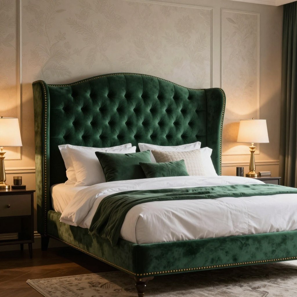 A luxurious wingback upholstered bed takes center stage, showcasing its traditional elegance with a tall, elegantly curved headboard, adorned with rich fabric in deep emerald green. The intricate tufting adds texture and sophistication, while gold-toned nailhead trim accentuates its refined silhouette. The bed is dressed in plush white linens, with an inviting, layered look featuring a quilt and decorative pillows. Surrounding the bed, a warm, dimly lit master bedroom exudes a cozy atmosphere, enhanced by soft glow from stylish bedside lamps casting gentle shadows. The background features elegant wallpaper with subtle patterns, and a plush area rug under the bed, grounding the composition. The image captures a serene and sophisticated mood, evoking a sense of comfort and luxury.