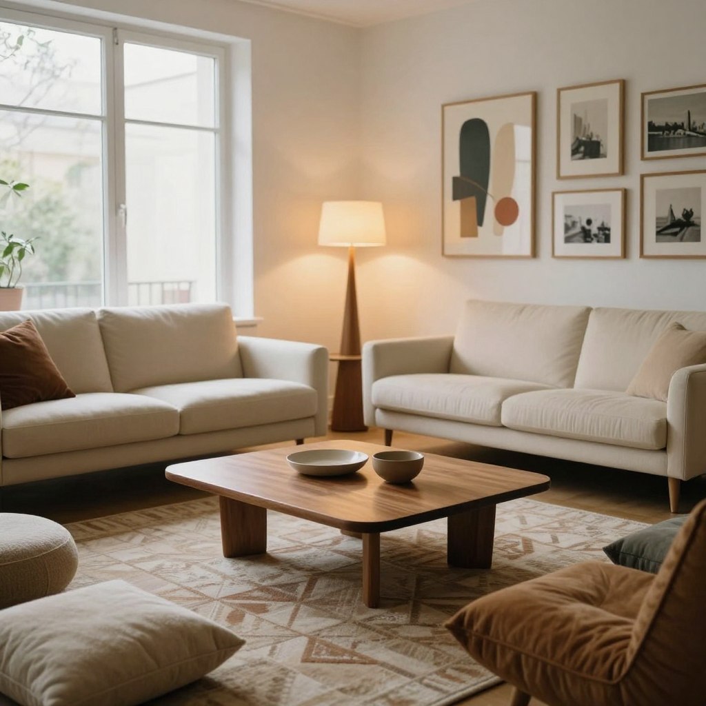 A mid-century modern living room featuring a harmonious balance of minimalist design and warm personality. In the foreground, a sleek, low-profile walnut coffee table sits atop a geometric patterned area rug, surrounded by plush, textured cushions in soft earth tones. The middle ground showcases a stylish, cream-colored sofa with tapered legs and a sculptural armchair, both complementing the natural aesthetic. A vintage floor lamp with a warm glow adds coziness, casting soft shadows. In the background, a gallery-style wall displays abstract art and framed photographs. Large windows let in ample natural light, enhancing the inviting atmosphere. Use soft focus to create a warm, serene mood, reminiscent of an elegant, yet approachable mid-century home setting.