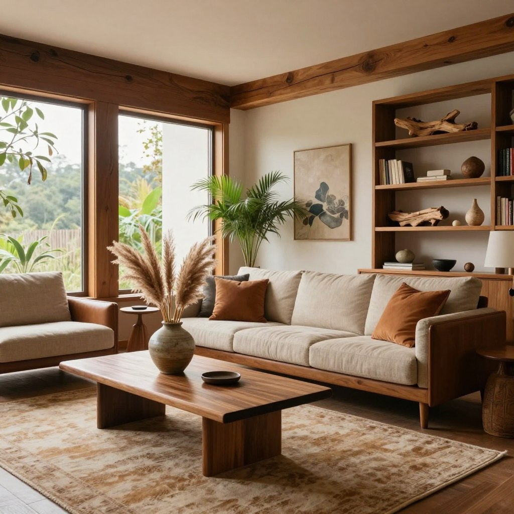 A mid-century modern living room featuring a harmonious blend of natural materials and organic textures. In the foreground, a plush, earthy-toned area rug lies beneath a sleek walnut coffee table topped with a ceramic vase of dried pampas grass. The middle ground showcases a comfortable sofa with a mix of linen and leather upholstery, accented by cushions in warm, natural hues. To the sides, wooden bookshelves display curated collections of driftwood and stone sculptures. In the background, large windows allow warm, natural light to flood the room, highlighting the smooth grain of the wooden beams and the lush greenery of potted plants. The atmosphere exudes calm and sophistication, celebrating the timeless appeal of mid-century design.
