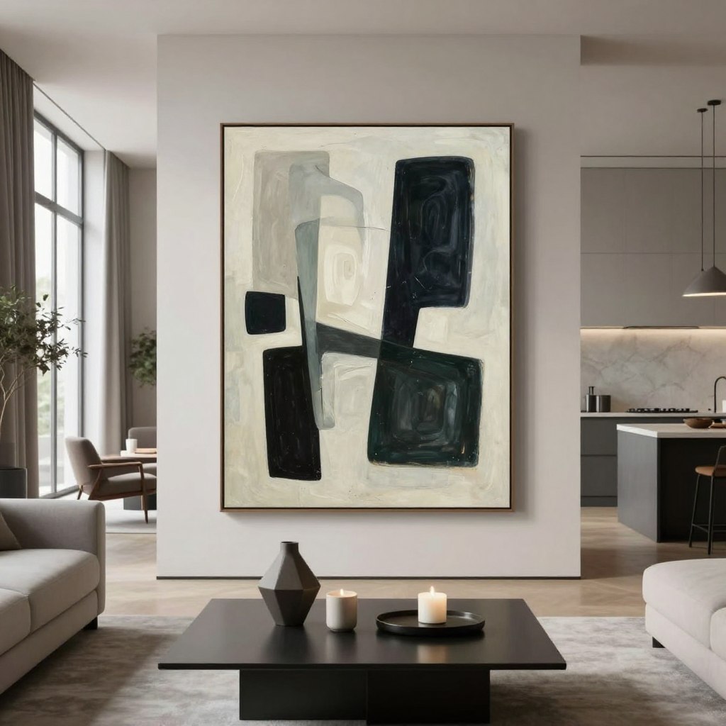 A minimalist art piece displayed prominently in a stylish open kitchen living room, emphasizing a single, striking abstract painting with bold shapes and a muted color palette. In the foreground, a sleek, modern coffee table with a few elegant accessories like a geometric vase and a simple candle. In the middle, the painting is framed by soft, natural lighting filtering through large windows, highlighting its textures. The background features a spacious layout with clean lines, muted tones, and minimalist furniture, creating a relaxed yet luxurious atmosphere. The overall mood is serene and sophisticated, inviting viewers to contemplate the art while appreciating the harmonious design of the space.