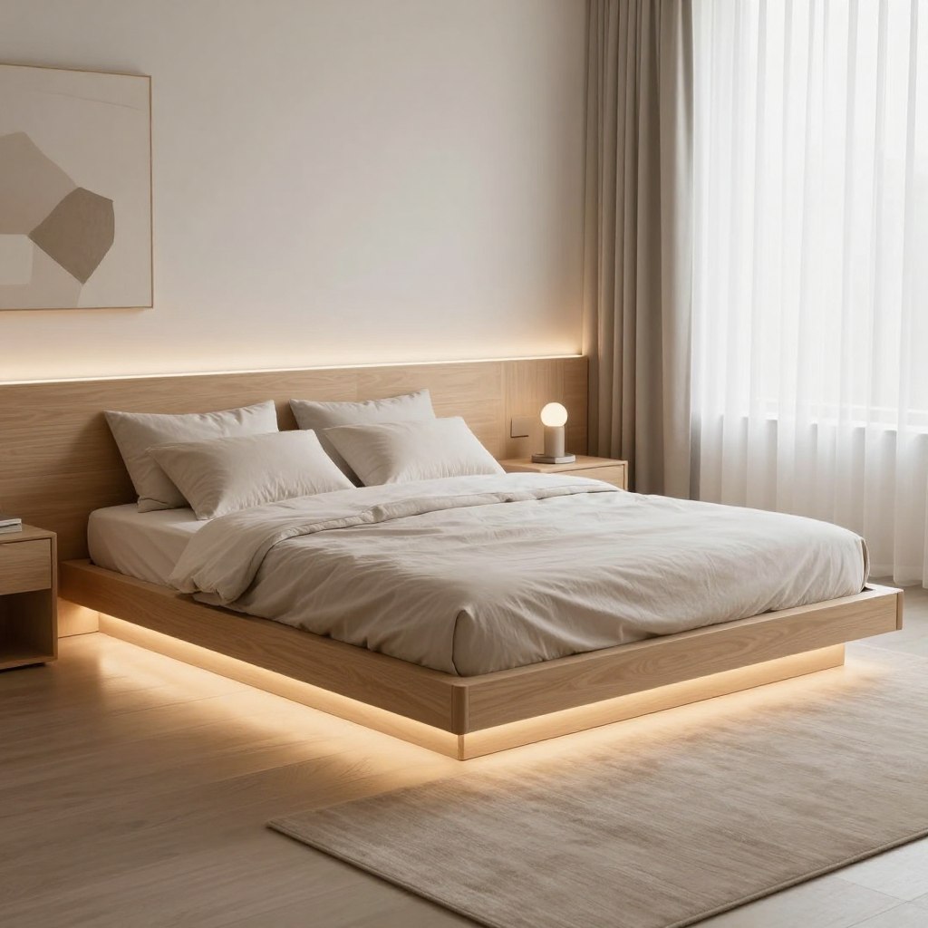 A minimalist bedroom featuring a sleek modern platform bed with integrated LED lighting. The bed is low-profile, crafted from light wood with clean lines and a smooth finish, accented by a soft glow of adjustable LED lights beneath the frame that create an inviting atmosphere. In the foreground, a neatly made bed adorned with neutral-toned linens and modern pillows adds warmth. The middle ground showcases a stylish bedside table with a minimalist lamp, and the background includes a softly lit wall with abstract art, enhancing the serene and contemporary vibe of the space. The room is well-lit with natural light filtering through sheer curtains, giving a calm and tranquil feeling, captured from a wide angle to showcase the elegance of the design. A minimalist bedroom featuring a sleek modern platform bed with integrated LED lighting. The bed is low-profile, crafted from light wood with clean lines and a smooth finish, accented by a soft glow of adjustable LED lights beneath the frame that create an inviting atmosphere. In the foreground, a neatly made bed adorned with neutral-toned linens and modern pillows adds warmth. The middle ground showcases a stylish bedside table with a minimalist lamp, and the background includes a softly lit wall with abstract art, enhancing the serene and contemporary vibe of the space. The room is well-lit with natural light filtering through sheer curtains, giving a calm and tranquil feeling, captured from a wide angle to showcase the elegance of the design.