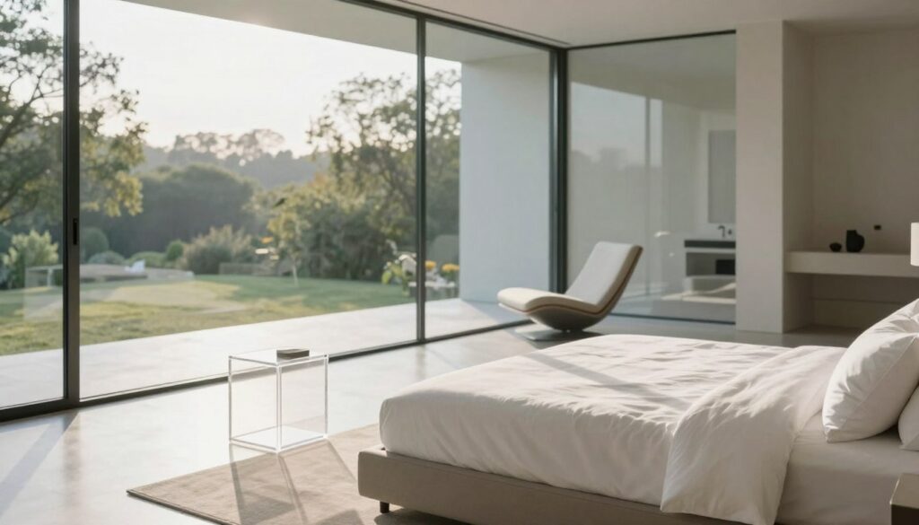 A minimalist glass box bedroom featuring sleek, contemporary furnishings. In the foreground, a plush, neutral-toned bed with crisp white linens; beside it, a clear acrylic nightstand with a geometric design. The middle ground showcases a large expanse of floor-to-ceiling glass walls, allowing natural light to flood the space, with soft shadows creating a calming atmosphere. A stylish, modern lounge chair occupies one corner, its silhouette simple yet inviting. In the background, a serene view of greenery just beyond the glass, enhancing the connection to nature. The lighting is bright and airy, suggesting a sunny morning. Capture this serene ambiance from a slightly elevated angle, highlighting both the interior and the peaceful outside environment.