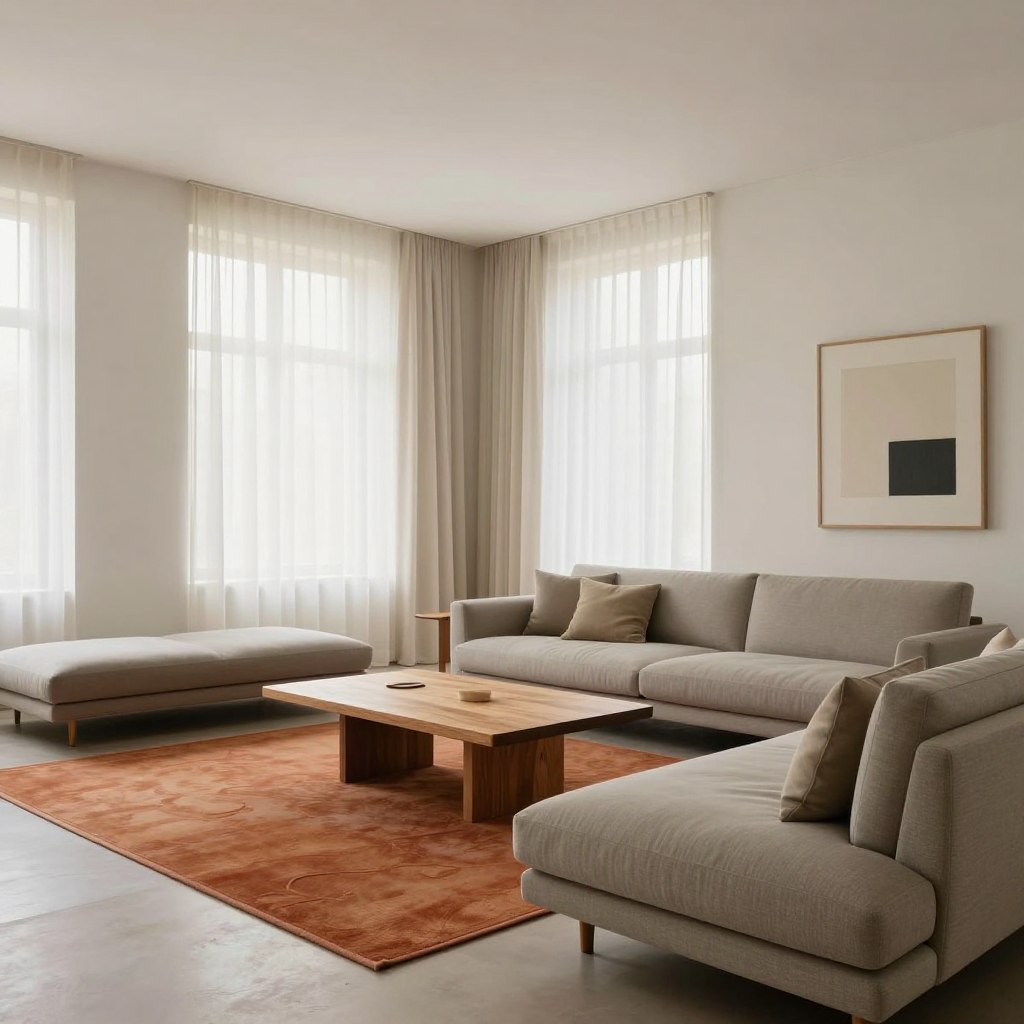 A minimalist mid-century modern living room featuring clean lines and geometric shapes. In the foreground, a sleek, low-profile sofa in a muted color palette, accentuated by a single statement throw pillow. The middle ground showcases a stylish coffee table made of natural wood with angular legs, paired with a vibrant area rug that adds a touch of warmth. The background depicts large windows with sheer curtains, allowing soft, diffused daylight to fill the space. The walls are adorned with minimalistic artwork in subtle tones. The atmosphere is calm and inviting, echoing timeless elegance, captured from a wide-angle perspective to emphasize the open layout.