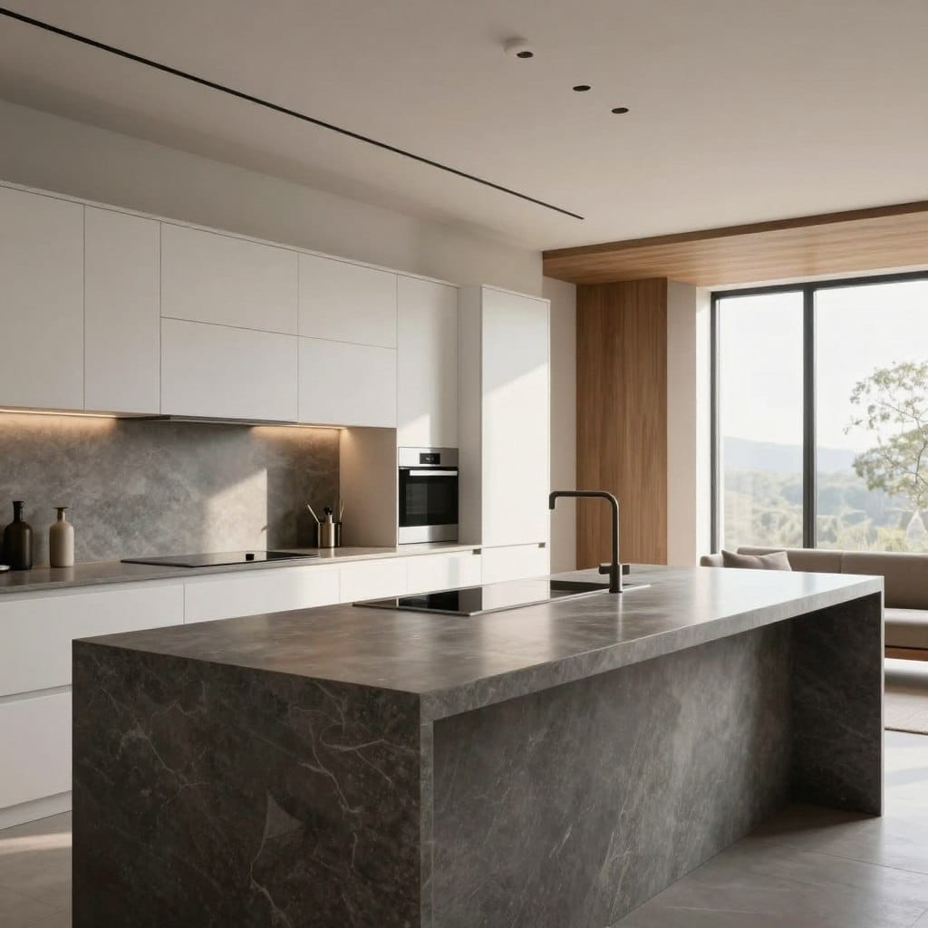 A minimalist open-concept kitchen showcasing a sleek island with a waterfall edge soapstone countertop. The foreground features the island with its smooth, dark soapstone surface, reflecting soft, natural light. In the middle ground, a contemporary kitchen with white cabinetry and stainless steel appliances harmonizes with the island, conveying a clean and tranquil atmosphere. The background includes hints of a cozy living area with warm wood accents and large, unobstructed windows that invite sunlight, creating a serene ambiance. The scene is illuminated with soft, diffused lighting that enhances the minimalistic aesthetic, focusing on the elegance of the design. The overall mood is one of calm sophistication, perfect for a modern living space that embodies both serenity and functionality.