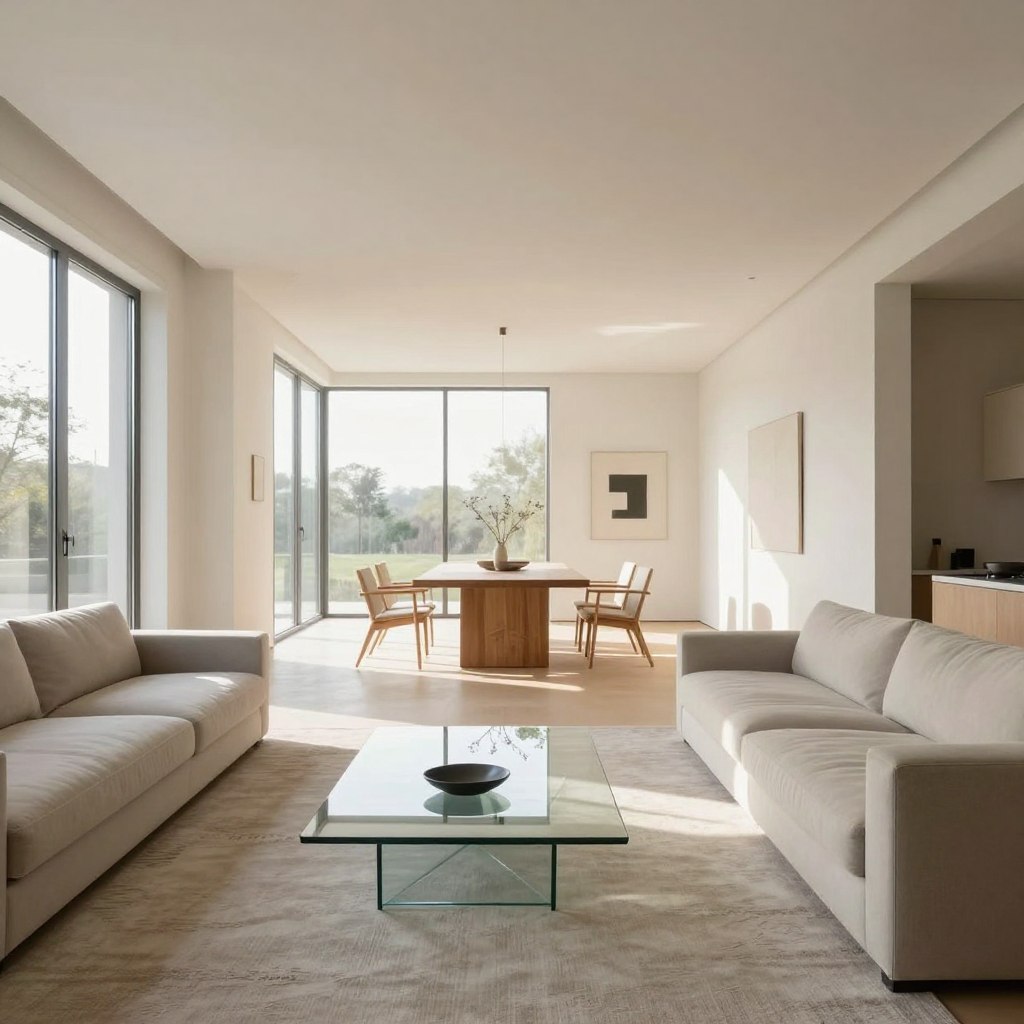 A minimalist open concept living room bathed in natural light, featuring clean lines and a harmonious layout. In the foreground, a sleek, low-profile sofa in a soft, neutral tone. A glass coffee table with geometric shapes sits atop a textured area rug. In the middle, an inviting dining space with a simple wooden table and contemporary chairs. Large floor-to-ceiling windows line the back wall, allowing sunlight to stream in and create a warm atmosphere. The walls are adorned with subtle, abstract artwork. The overall color palette is soft and muted, enhancing the serenity of the space. The mood is tranquil and sophisticated, emphasizing a luxury that feels effortless, captured with a wide-angle lens to encompass the entire room.