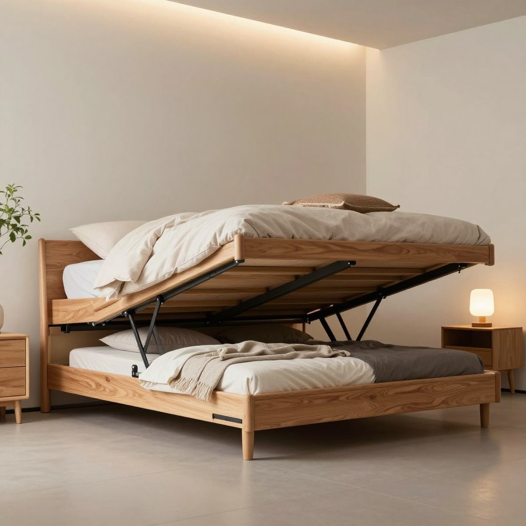 A minimalist platform bed design featuring a hydraulic lift mechanism for storage, placed against a softly lit, neutral-colored wall. The bed showcases clean lines and a sleek wooden frame, highlighting its functional elegance. The storage space beneath the bed is partially open, revealing organized bedding and minimalist storage solutions. A plush, simple duvet and a few decorative pillows adorn the top, exuding comfort. In the background, a small potted plant and a bedside table with a modern lamp add a touch of warmth to the scene. Soft, ambient lighting creates a serene atmosphere, while the angle is slightly elevated, offering a clear view of the bed's features, with a focus on its innovative storage solution. A minimalist platform bed design featuring a hydraulic lift mechanism for storage, placed against a softly lit, neutral-colored wall. The bed showcases clean lines and a sleek wooden frame, highlighting its functional elegance. The storage space beneath the bed is partially open, revealing organized bedding and minimalist storage solutions. A plush, simple duvet and a few decorative pillows adorn the top, exuding comfort. In the background, a small potted plant and a bedside table with a modern lamp add a touch of warmth to the scene. Soft, ambient lighting creates a serene atmosphere, while the angle is slightly elevated, offering a clear view of the bed's features, with a focus on its innovative storage solution.