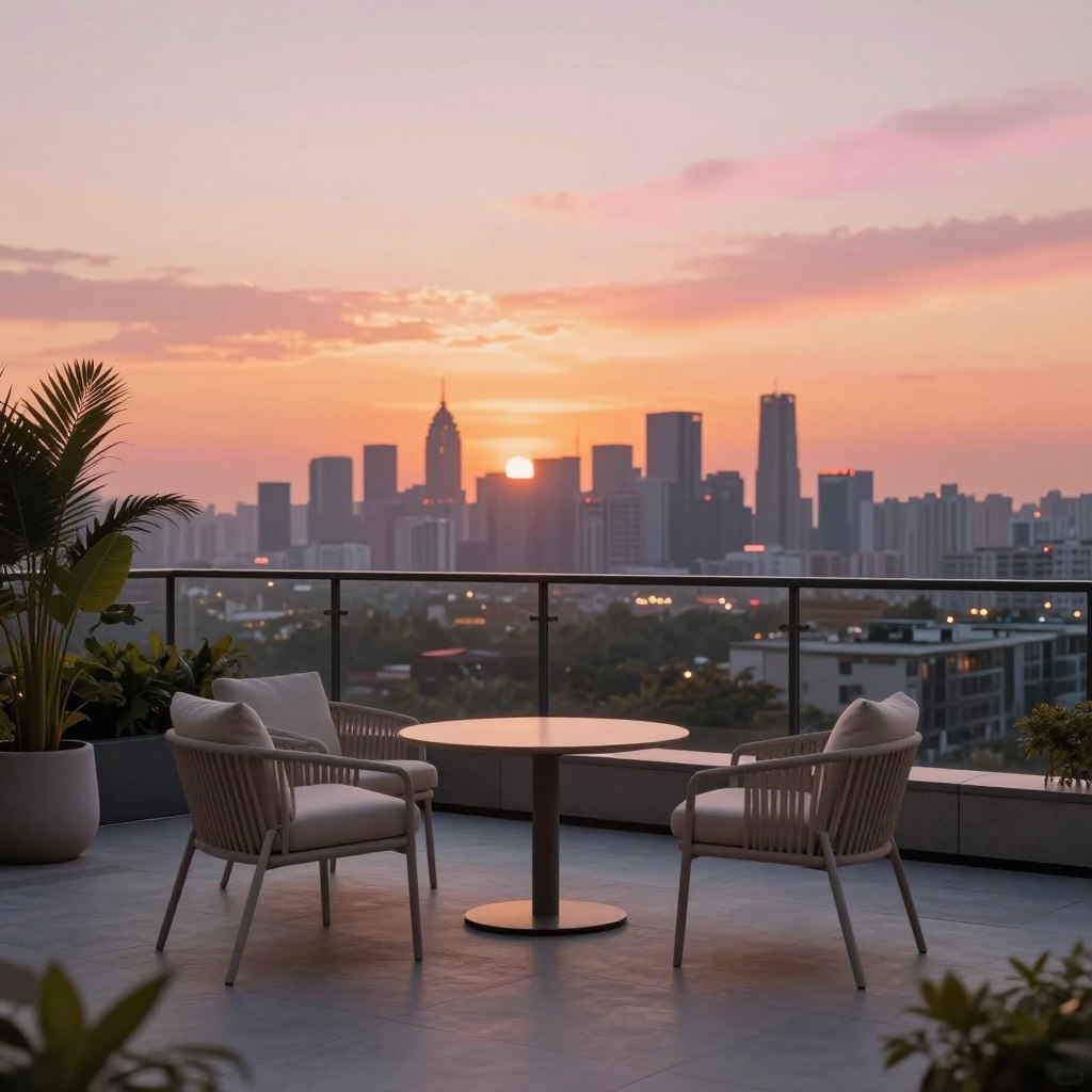 A minimalist terrace design overlooking a vibrant city skyline at sunset. The foreground features sleek, modern furniture in neutral tones, including a simple table and two comfortable chairs. A subtle touch of greenery with potted plants enhances the space without overwhelming it. In the middle ground, an elegant railing offers unobstructed views, while the terrace floor is smooth and minimalist, perhaps with light-colored stone or wood. The background reveals a stunning panorama of the city, bathed in warm hues of orange and pink as the sun sets. The atmosphere is serene and sophisticated, evoking a sense of relaxation and peace. The lighting is soft and warm, creating an inviting ambiance. The perspective is slightly elevated, allowing for a sweeping view of the scene.
