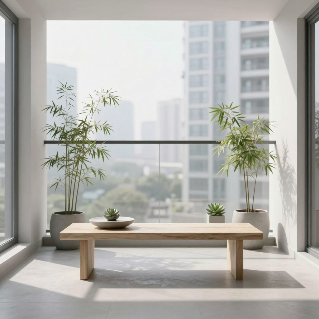 A minimalist zen balcony designed for tranquility, showcasing a monochromatic palette of soft grays and whites. In the foreground, a simple wooden bench with clean lines, accented by a small round table. The middle ground features delicate potted plants, such as bamboo and succulents, arranged symmetrically to create balance. The background shows a soft, blurred view of a high-rise cityscape, adding a modern urban touch. Soft, natural sunlight streams in, casting gentle shadows for a serene atmosphere, while the camera is positioned at eye level to emphasize the spaciousness of the balcony. The overall mood is calm and inviting, highlighting simplicity and elegance in design. No text or watermarks present. A minimalist zen balcony designed for tranquility, showcasing a monochromatic palette of soft grays and whites. In the foreground, a simple wooden bench with clean lines, accented by a small round table. The middle ground features delicate potted plants, such as bamboo and succulents, arranged symmetrically to create balance. The background shows a soft, blurred view of a high-rise cityscape, adding a modern urban touch. Soft, natural sunlight streams in, casting gentle shadows for a serene atmosphere, while the camera is positioned at eye level to emphasize the spaciousness of the balcony. The overall mood is calm and inviting, highlighting simplicity and elegance in design. No text or watermarks present.