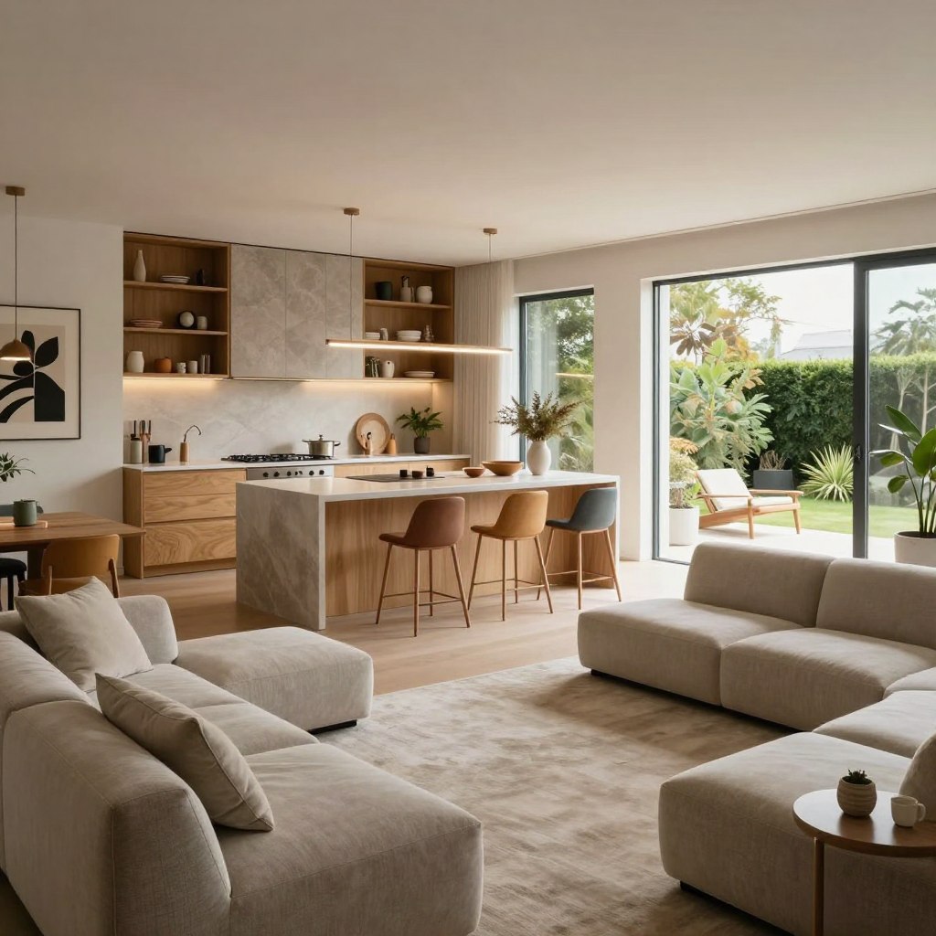 A modern, adaptable living environment featuring a stylish open-plan space. In the foreground, showcase a cozy seating area with modular furniture, like a sleek couch and movable chairs, all in neutral tones. The middle should display a multifunctional kitchen and dining space, with a large island that doubles as a work station, surrounded by sophisticated, sustainable materials. Include decorative elements like indoor plants and dynamic art pieces. In the background, large windows allow natural light to flood the area, highlighting the outdoor greenery. Use soft, warm lighting to create an inviting atmosphere. Capture the scene from a slightly elevated angle to emphasize the layout and depth. The mood should feel innovative yet comfortable, embodying the essence of adaptable living.