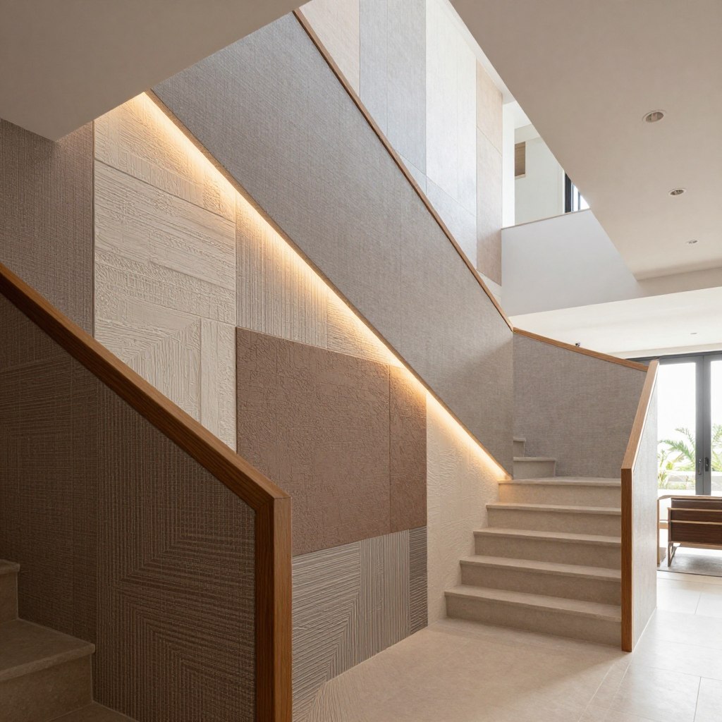 A modern and stylish staircase featuring elegant wall coverings that showcase a variety of textures and materials. In the foreground, a sleek wooden banister contrasts with rich fabric and geometric-patterned panels, demonstrating sophistication. The middle showcases a wall adorned with tasteful 3D textured panels in muted colors like soft grays, warm taupes, and subtle whites, harmonizing beautifully. Backlighting from recessed lights casts a warm glow, enhancing the depth and visual appeal of the wall coverings. The background features a contemporary staircase with clean lines, leading upwards to an open area filled with natural sunlight. The atmosphere is inviting and serene, perfect for a modern home. Capture this scene with a wide-angle lens for an expansive view, emphasizing the staircase as a focal point in an airy, well-lit space.