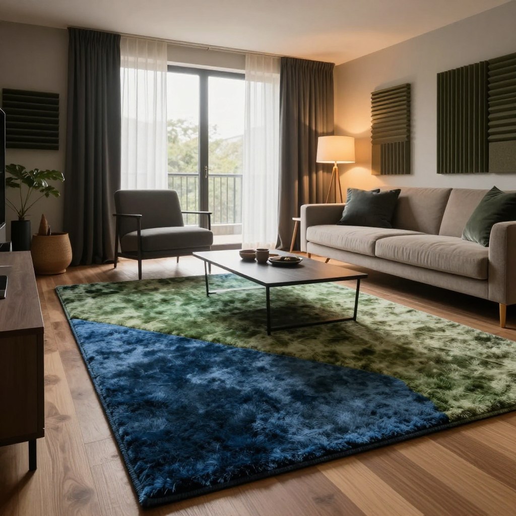 A modern apartment living room featuring an elegant soundproofing solution with vibrant area rugs layered on a soft underlayment. In the foreground, a richly textured area rug in deep blues and earthy greens is displayed prominently, showcasing its plush fibers. The middle ground includes minimalist furniture, such as a sleek coffee table and a stylish sofa, arranged thoughtfully around the rug to create a cozy, inviting atmosphere. The background reveals large windows with sheer curtains, allowing natural sunlight to filter in softly, complementing warm, ambient lighting from strategically placed lamps. The overall mood is tranquil and sophisticated, emphasizing comfort while highlighting the importance of sound absorption in apartment living. The perspective is slightly elevated, capturing a well-balanced view of the entire room without any people present. A modern apartment living room featuring an elegant soundproofing solution with vibrant area rugs layered on a soft underlayment. In the foreground, a richly textured area rug in deep blues and earthy greens is displayed prominently, showcasing its plush fibers. The middle ground includes minimalist furniture, such as a sleek coffee table and a stylish sofa, arranged thoughtfully around the rug to create a cozy, inviting atmosphere. The background reveals large windows with sheer curtains, allowing natural sunlight to filter in softly, complementing warm, ambient lighting from strategically placed lamps. The overall mood is tranquil and sophisticated, emphasizing comfort while highlighting the importance of sound absorption in apartment living. The perspective is slightly elevated, capturing a well-balanced view of the entire room without any people present.