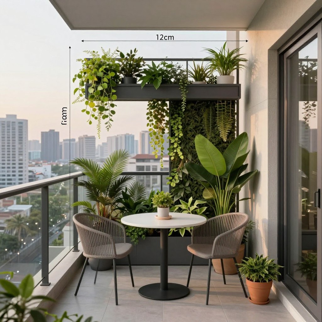 A modern balcony design plan showcasing a compact yet elegant space, featuring a detailed layout with measurements. In the foreground, illustrate a small round table with two stylish chairs, surrounded by lush potted plants, carefully arranged for a balanced aesthetic. The middle section should include a variety of vertical planters and hanging gardens, emphasizing greenery and texture, while keeping the design sleek and unobtrusive. In the background, show a city skyline to convey urban living, under soft, natural lighting that suggests a late afternoon glow, enhancing the tranquil atmosphere. The angle should be from an elevated perspective, capturing the overall harmony of the space without any text or distractions.