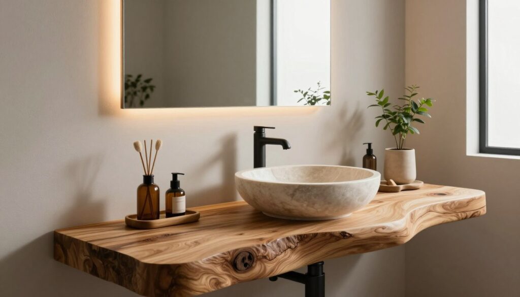 A modern bathroom featuring a bold organic vanity as the centerpiece. The vanity boasts natural wood textures with smooth curves, adorned with a sleek, vessel sink made of polished stone. In the foreground, elegant bath accessories complement the design. The middle section showcases stylish, eco-friendly materials such as bamboo and matte black fixtures. A large mirror reflects soft, ambient lighting, creating a warm atmosphere. The background includes minimalist decor elements, like potted plants and neutral-colored walls. The scene is illuminated with natural light streaming through a frosted window, adding depth and tranquility to the overall aesthetic. The mood is serene yet striking, perfect for a contemporary space. A modern bathroom featuring a bold organic vanity as the centerpiece. The vanity boasts natural wood textures with smooth curves, adorned with a sleek, vessel sink made of polished stone. In the foreground, elegant bath accessories complement the design. The middle section showcases stylish, eco-friendly materials such as bamboo and matte black fixtures. A large mirror reflects soft, ambient lighting, creating a warm atmosphere. The background includes minimalist decor elements, like potted plants and neutral-colored walls. The scene is illuminated with natural light streaming through a frosted window, adding depth and tranquility to the overall aesthetic. The mood is serene yet striking, perfect for a contemporary space.