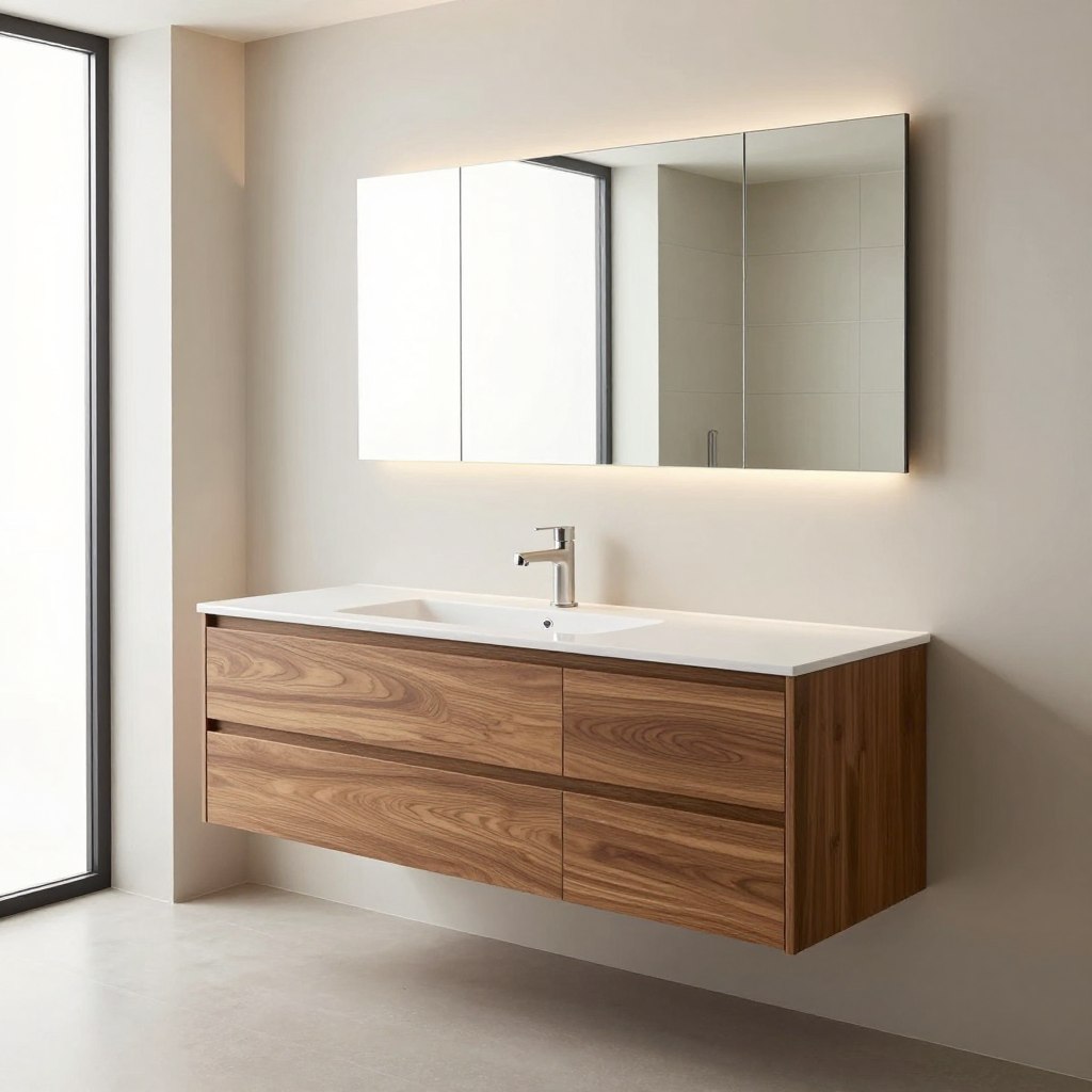 A modern bathroom featuring a sleek space-saving wall-to-wall floating vanity console. The vanity is made of smooth, polished wood with a minimalist design, showcasing clean lines and ample storage space beneath. The countertop features a stylish undermount sink with contemporary hardware. Above the vanity, a large mirror reflects the bright, natural light coming in from a nearby window, enhancing the openness of the room. The walls are painted in a soft, neutral tone, complemented by elegant, subtle tile work in the background. The floor has a polished finish, adding to the sleek aesthetic. Soft ambient lighting highlights the vanity and creates a warm, inviting atmosphere. Capture this design from a wide-angle perspective to showcase the entire layout, focusing on the vanity's functionality and modern elegance.