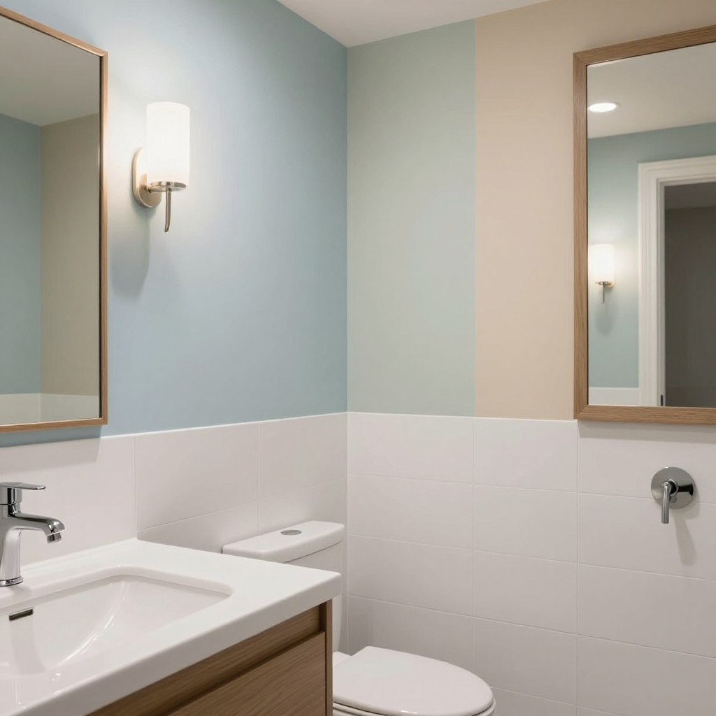 A modern bathroom featuring a stylish array of popular paint colors and finishes, showcasing elegant combinations that harmonize with pristine white tiles. In the foreground, a sleek, minimalist vanity with a luxurious sink reflects contemporary design. The middle section displays walls painted in soft shades such as pale blue, muted green, and warm beige, with varying finishes like matte, eggshell, and satin glints that capture light subtly. The background includes a large mirror framed in wood, enhancing depth and warmth, paired with elegant lighting fixtures casting a gentle glow. The overall atmosphere exudes tranquility and sophistication, inviting inspiration for selecting the perfect paint finish in a modern bathroom setting. The scene is photographed from a slightly elevated angle to capture the entirety of the ambiance. A modern bathroom featuring a stylish array of popular paint colors and finishes, showcasing elegant combinations that harmonize with pristine white tiles. In the foreground, a sleek, minimalist vanity with a luxurious sink reflects contemporary design. The middle section displays walls painted in soft shades such as pale blue, muted green, and warm beige, with varying finishes like matte, eggshell, and satin glints that capture light subtly. The background includes a large mirror framed in wood, enhancing depth and warmth, paired with elegant lighting fixtures casting a gentle glow. The overall atmosphere exudes tranquility and sophistication, inviting inspiration for selecting the perfect paint finish in a modern bathroom setting. The scene is photographed from a slightly elevated angle to capture the entirety of the ambiance.