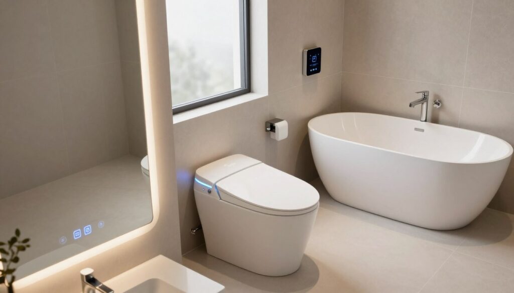 A modern bathroom featuring advanced smart technology, showcasing a sleek design. In the foreground, a touch-sensitive mirror reflects soft, ambient lighting, with temperature and humidity controls seamlessly integrated. The middle ground features a futuristic smart toilet with a minimalist aesthetic, alongside a chic freestanding bathtub that has built-in speakers and mood lighting. The background displays elegant tiles, smart faucets with motion sensors, and a digital control panel mounted on the wall. Soft natural light filters in through frosted glass windows, creating a calming atmosphere. The scene is viewed from a slightly elevated angle to highlight the innovative features. Overall, the mood is sophisticated and contemporary, emphasizing comfort and high-tech convenience in bathroom design. A modern bathroom featuring advanced smart technology, showcasing a sleek design. In the foreground, a touch-sensitive mirror reflects soft, ambient lighting, with temperature and humidity controls seamlessly integrated. The middle ground features a futuristic smart toilet with a minimalist aesthetic, alongside a chic freestanding bathtub that has built-in speakers and mood lighting. The background displays elegant tiles, smart faucets with motion sensors, and a digital control panel mounted on the wall. Soft natural light filters in through frosted glass windows, creating a calming atmosphere. The scene is viewed from a slightly elevated angle to highlight the innovative features. Overall, the mood is sophisticated and contemporary, emphasizing comfort and high-tech convenience in bathroom design.