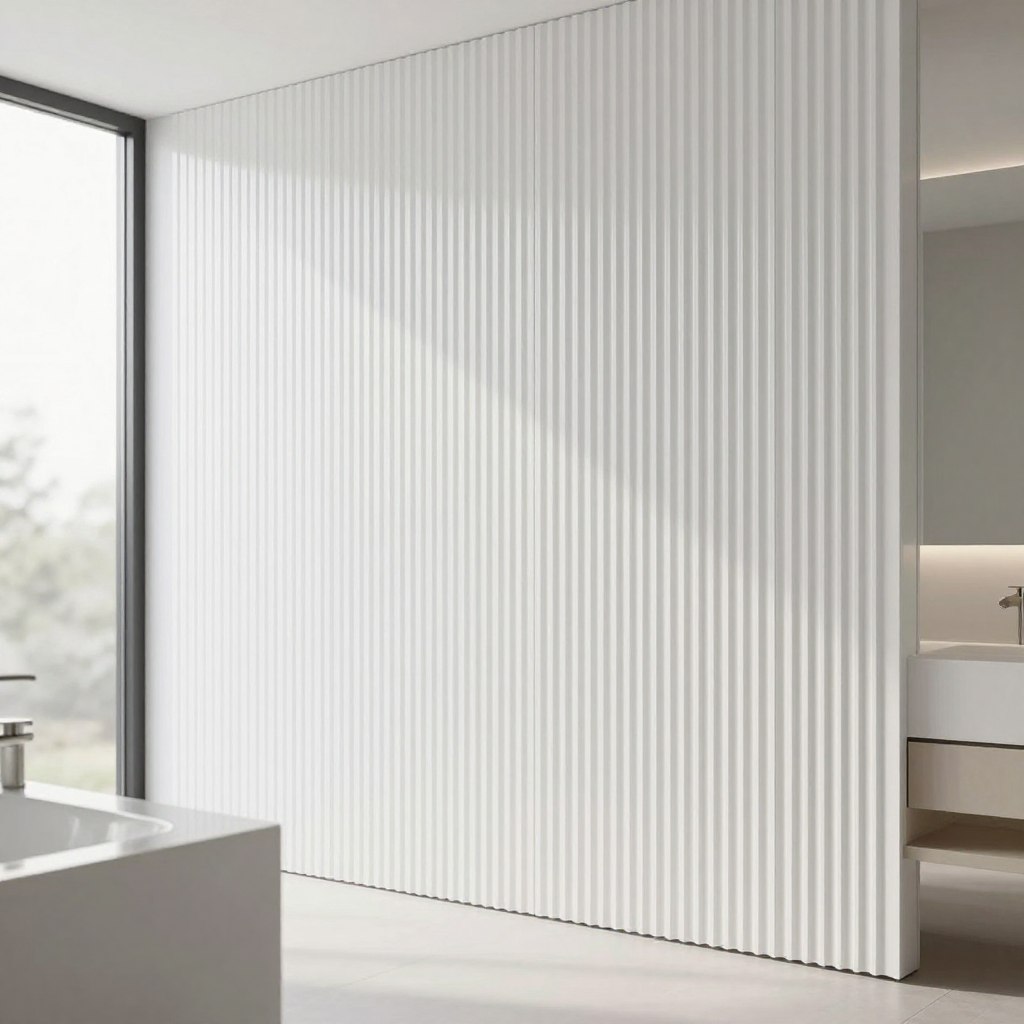 A modern bathroom featuring floor-to-ceiling vertical white ribbed wall panels. The panels create a textured, elegant backdrop that reflects soft, diffused natural light from a large window. The foreground showcases a sleek vanity with minimalist design elements and polished metal fixtures, complementing the ribbed walls. In the middle ground, the wall panels create depth and visual interest, enhancing the overall aesthetic. The background is softly blurred, keeping the focus on the luxurious texture of the ribbing. The atmosphere is serene and contemporary, evoking a sense of cleanliness and calm, ideal for a chic bathroom space. The image is shot with a wide-angle lens, emphasizing the height and structure of the panels.