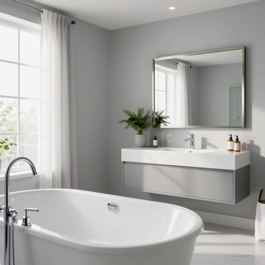A modern bathroom featuring light reflective gray paint walls that capture and enhance light, creating a bright and airy atmosphere. In the foreground, a pristine white bathtub with sleek lines and elegant chrome fixtures reflects the soft glow of the overhead lighting. The middle ground showcases a minimalist vanity with a large mirror framed in brushed nickel, reflecting the cool-toned gray walls and the stylish decor. The background includes large windows adorned with sheer curtains, allowing natural light to filter in, while decorative plants add a touch of greenery. The scene is bright and inviting, with a clean and contemporary aesthetic, shot from a slight angle that emphasizes the spaciousness and tranquility of the room. The lighting is soft and evenly distributed, creating a serene and refreshing ambiance.