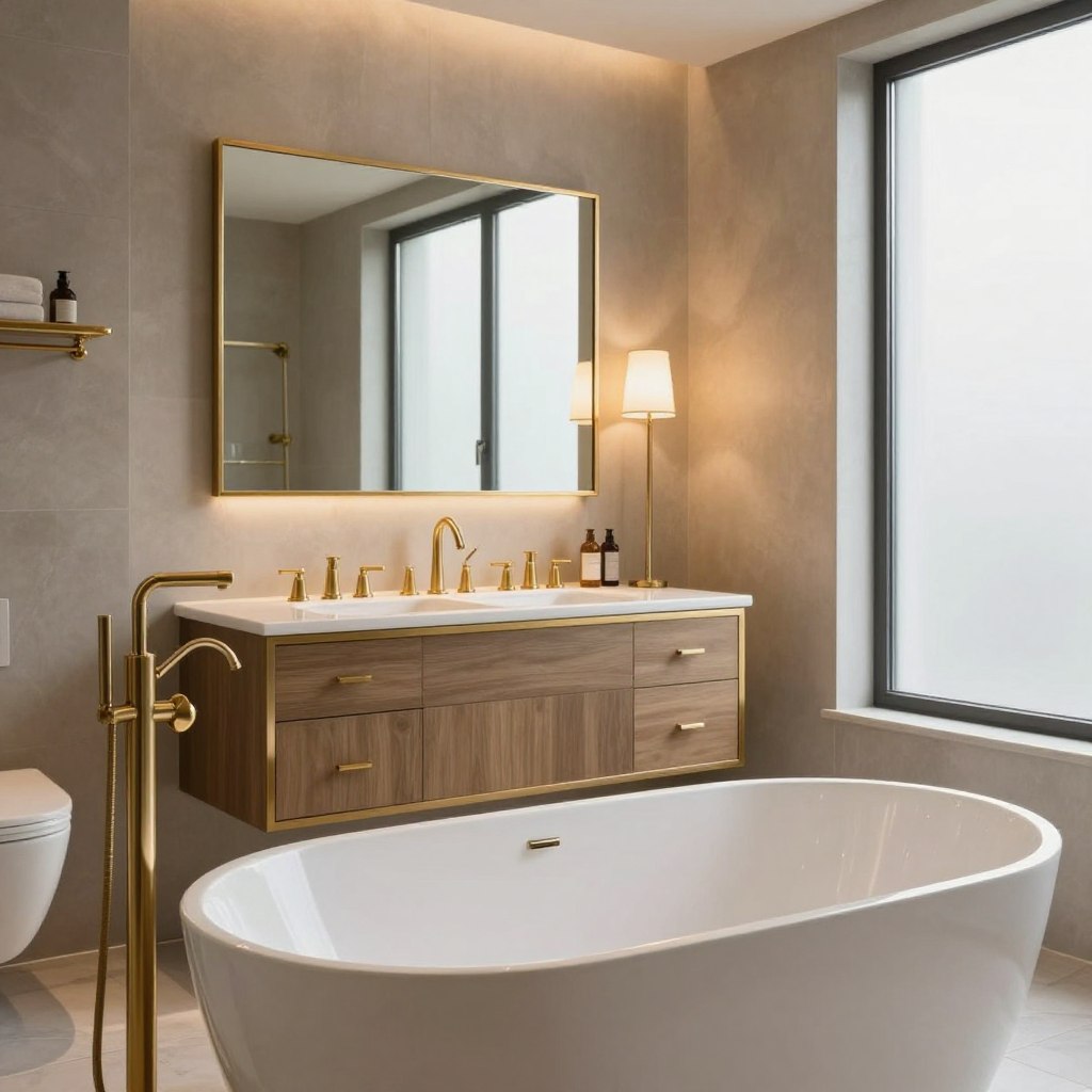 A modern bathroom interior showcasing an elegant blend of gold and brass accents mixed with polished chrome fixtures. In the foreground, a sleek white freestanding bathtub glimmers under soft, warm lighting, accompanied by a brass floor lamp. The middle ground features a stylish vanity adorned with a gold-framed mirror and brass faucets, complemented by chrome drawer pulls. In the background, textured walls painted in muted tones enhance the sophisticated atmosphere, while a large frosted window allows natural light to filter softly into the space, creating a serene ambiance. The image captures a balanced and harmonious design, highlighting the interplay of metallic finishes for a refined, luxurious look.