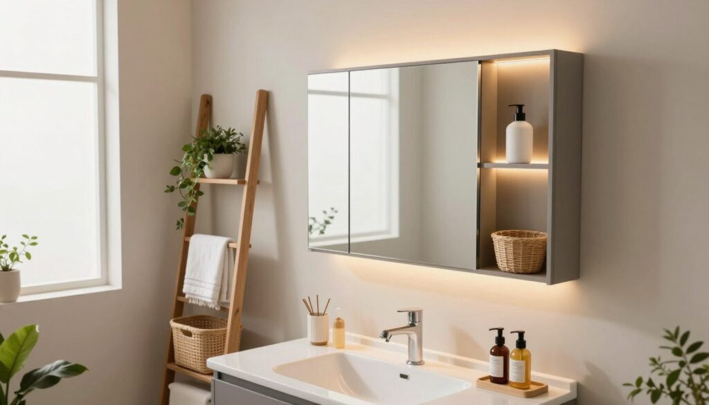 A modern bathroom interior showcasing creative storage solutions. In the foreground, a stylish vanity with hidden compartments for toiletries, alongside elegant baskets on shelves. The middle ground features a sleek, wall-mounted cabinet with built-in lighting, creating visibility while maintaining a clean aesthetic. Display a ladder-style shelf with decorative towels and plants, adding a touch of greenery. The background contains soft, ambient lighting from a frosted window, illuminating the space with a warm glow. The overall mood is fresh and inviting, reflecting a contemporary design that's both functional and aesthetically pleasing. Capture this scene from a slightly elevated angle to provide a comprehensive view of the storage solutions, making it feel spacious and organized. A modern bathroom interior showcasing creative storage solutions. In the foreground, a stylish vanity with hidden compartments for toiletries, alongside elegant baskets on shelves. The middle ground features a sleek, wall-mounted cabinet with built-in lighting, creating visibility while maintaining a clean aesthetic. Display a ladder-style shelf with decorative towels and plants, adding a touch of greenery. The background contains soft, ambient lighting from a frosted window, illuminating the space with a warm glow. The overall mood is fresh and inviting, reflecting a contemporary design that's both functional and aesthetically pleasing. Capture this scene from a slightly elevated angle to provide a comprehensive view of the storage solutions, making it feel spacious and organized.