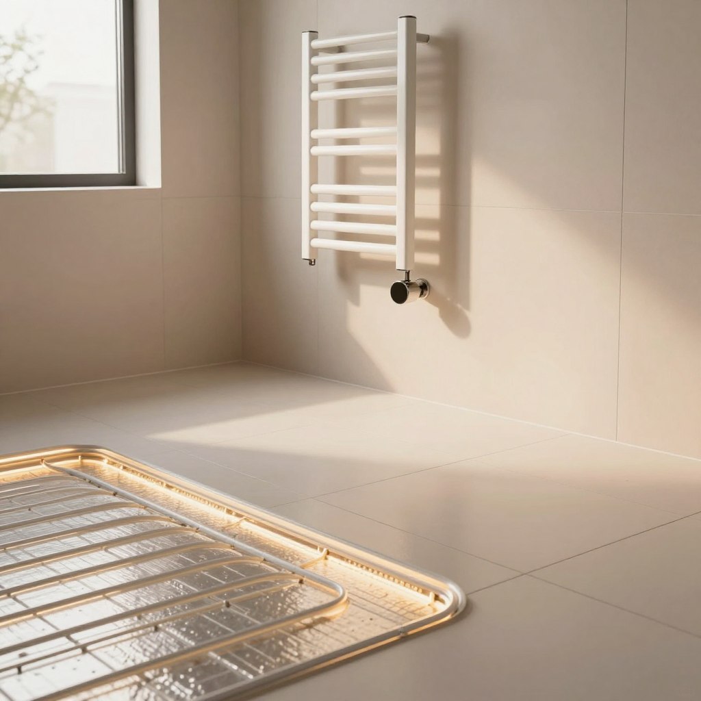 A modern bathroom interior showcasing electric underfloor heating, with sleek, light-colored tiles reflecting gentle ambient lighting. In the foreground, a section of the tiled floor highlights the intricate network of heating cables beneath, subtly illuminated by warm, inviting light. The middle ground features a stylish, minimalistic towel warmer mounted on the wall, radiating a soft glow that enhances the cozy atmosphere. In the background, a window allows natural light to filter in, casting soft shadows that add depth to the scene. The overall mood is serene and welcoming, emphasizing the comfort and efficiency of targeted heating solutions in budget-conscious bathroom remodeling. The composition should be shot from a slightly elevated angle, accentuating the elegance of the flooring and fixtures.