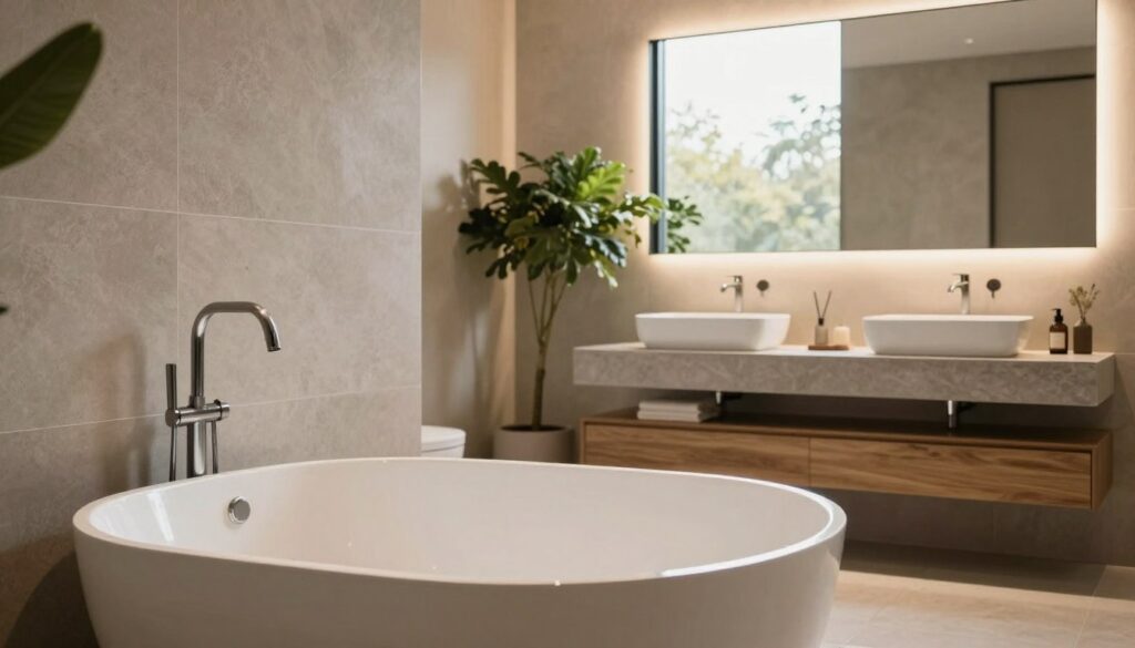 A modern bathroom renovation scene that showcases sleek, stylish design elements for 2026. In the foreground, a luxurious freestanding bathtub with a contemporary faucet, surrounded by textured, neutral-toned tiles. The middle ground features a floating vanity with vessel sinks and elegant lighting fixtures, emphasizing sophistication. In the background, a large window allows natural light to flood the space, highlighting a lush potted plant. Soft, warm light creates an inviting atmosphere, enhancing the sense of tranquility. The overall design reflects a minimalist aesthetic with an emphasis on natural materials, such as wood and stone, harmonizing seamlessly. Shot from a low angle to capture the height of the vanity and the openness of the room, conveying a fresh, airy feeling perfect for a modern renovation. A modern bathroom renovation scene that showcases sleek, stylish design elements for 2026. In the foreground, a luxurious freestanding bathtub with a contemporary faucet, surrounded by textured, neutral-toned tiles. The middle ground features a floating vanity with vessel sinks and elegant lighting fixtures, emphasizing sophistication. In the background, a large window allows natural light to flood the space, highlighting a lush potted plant. Soft, warm light creates an inviting atmosphere, enhancing the sense of tranquility. The overall design reflects a minimalist aesthetic with an emphasis on natural materials, such as wood and stone, harmonizing seamlessly. Shot from a low angle to capture the height of the vanity and the openness of the room, conveying a fresh, airy feeling perfect for a modern renovation.