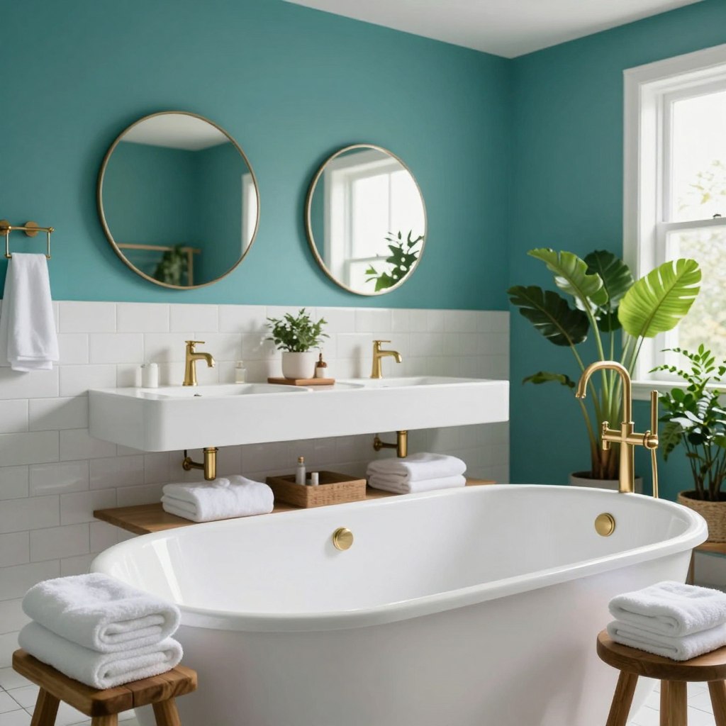 A modern bathroom showcasing a vibrant teal accent wall that beautifully contrasts with classic white subway tiles. The foreground features a sleek, white freestanding bathtub with elegant brass fixtures, accompanied by fluffy white towels neatly arranged on a small wooden stool. In the middle ground, a stylish double vanity with a minimalist design and round mirrors reflects natural light, enhancing the freshness of the space. Soft, diffused lighting illuminates the room, creating a warm and inviting atmosphere. In the background, lush green plants add a touch of nature, contributing to a serene vibe. The angled perspective highlights the high-contrast color scheme, emphasizing a blend of modern elegance and comfort. No text or distractions are present, ensuring the focus remains solely on the bathroom design. A modern bathroom showcasing a vibrant teal accent wall that beautifully contrasts with classic white subway tiles. The foreground features a sleek, white freestanding bathtub with elegant brass fixtures, accompanied by fluffy white towels neatly arranged on a small wooden stool. In the middle ground, a stylish double vanity with a minimalist design and round mirrors reflects natural light, enhancing the freshness of the space. Soft, diffused lighting illuminates the room, creating a warm and inviting atmosphere. In the background, lush green plants add a touch of nature, contributing to a serene vibe. The angled perspective highlights the high-contrast color scheme, emphasizing a blend of modern elegance and comfort. No text or distractions are present, ensuring the focus remains solely on the bathroom design.