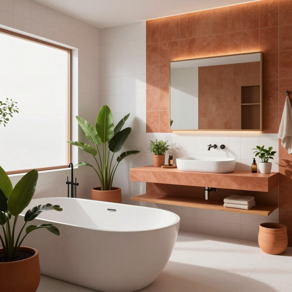 A modern bathroom showcasing an earthy terracotta color scheme paired beautifully with sleek white tiles. In the foreground, a stylish freestanding bathtub surrounded by subtle terracotta planters displaying lush green plants, enhancing the natural vibe. The middle ground features a spacious vanity with a matte terracotta countertop and delicate white vessel sink, elegantly framed by warm wooden accents. Soft, ambient lighting bathes the room, creating a serene atmosphere, while natural light streams in through a frosted window in the background, casting gentle shadows. The walls are adorned with textured terracotta tiles delicately contrasting the smooth white tiles, creating a harmonious blend of modern design and earthy warmth. The overall mood is tranquil and inviting, perfect for relaxation and rejuvenation.