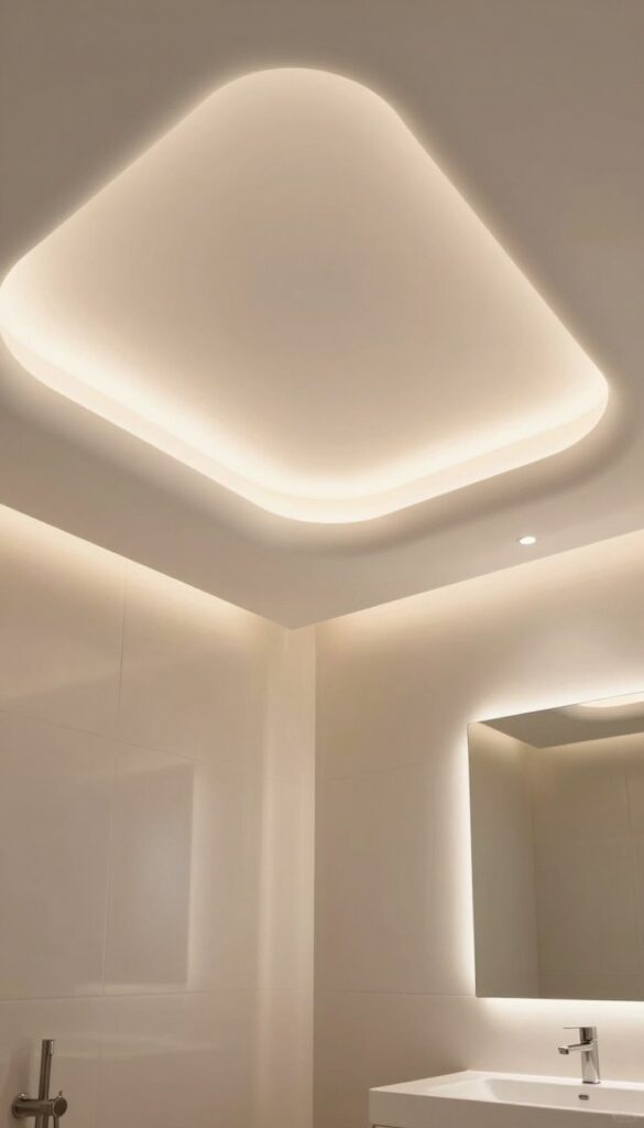 A modern bathroom with a luxurious tray ceiling featuring integrated LED lighting. The tray ceiling is elegantly designed, showcasing a smooth, white surface with soft curves. The ambient LED lights emit a warm glow, creating a serene and inviting atmosphere. The background reveals sleek, contemporary fixtures and a minimalistic decor accented by neutral tones. Subtle reflections on the polished tiles enhance the overall brightness of the space. The image is captured from a slight upward angle, emphasizing the depth and architectural detail of the ceiling. Soft shadows play across the walls, adding dimension and warmth, making the space feel both spacious and cozy. Ideal lighting conditions provide clarity and vivid colors, encapsulating a tranquil and stylish bathroom environment. A modern bathroom with a luxurious tray ceiling featuring integrated LED lighting. The tray ceiling is elegantly designed, showcasing a smooth, white surface with soft curves. The ambient LED lights emit a warm glow, creating a serene and inviting atmosphere. The background reveals sleek, contemporary fixtures and a minimalistic decor accented by neutral tones. Subtle reflections on the polished tiles enhance the overall brightness of the space. The image is captured from a slight upward angle, emphasizing the depth and architectural detail of the ceiling. Soft shadows play across the walls, adding dimension and warmth, making the space feel both spacious and cozy. Ideal lighting conditions provide clarity and vivid colors, encapsulating a tranquil and stylish bathroom environment.