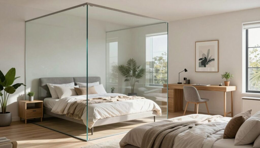 A modern bedroom features a sleek floating glass partition that elegantly separates the sleeping area from a stylish workspace. In the foreground, a cozy queen-sized bed is adorned with soft, neutral-toned bedding and decorative pillows. The middle ground showcases the transparent glass partition, allowing natural light to flow through while maintaining a sense of openness. The background includes a minimalist wooden desk with a contemporary chair, a potted plant, and artwork on the wall that complements the room’s color palette. The lighting is bright and airy, with sunlight streaming in from a nearby window, casting soft shadows. The atmosphere is tranquil and inviting, perfect for relaxation and productivity. The view is captured from a slight angle to emphasize the division created by the glass.