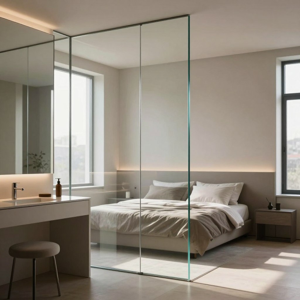 A modern bedroom featuring a sleek glass partition that separates the sleeping area from a stylish vanity. The glass accents catch the light, creating a serene and airy atmosphere. In the foreground, the vanity boasts a minimalist design with a large mirror reflecting the ambient light. The middle section showcases the elegant glass partition, framed by soft, neutral-toned walls, and minimalistic decor that enhances the modern aesthetic. In the background, a large window lets in natural sunlight, casting soft shadows across the room. The overall mood is calm and sophisticated, ideal for a contemporary living space. The angles focus on capturing the harmonious integration of glass elements, emphasizing transparency and lightness in the design. A modern bedroom featuring a sleek glass partition that separates the sleeping area from a stylish vanity. The glass accents catch the light, creating a serene and airy atmosphere. In the foreground, the vanity boasts a minimalist design with a large mirror reflecting the ambient light. The middle section showcases the elegant glass partition, framed by soft, neutral-toned walls, and minimalistic decor that enhances the modern aesthetic. In the background, a large window lets in natural sunlight, casting soft shadows across the room. The overall mood is calm and sophisticated, ideal for a contemporary living space. The angles focus on capturing the harmonious integration of glass elements, emphasizing transparency and lightness in the design.