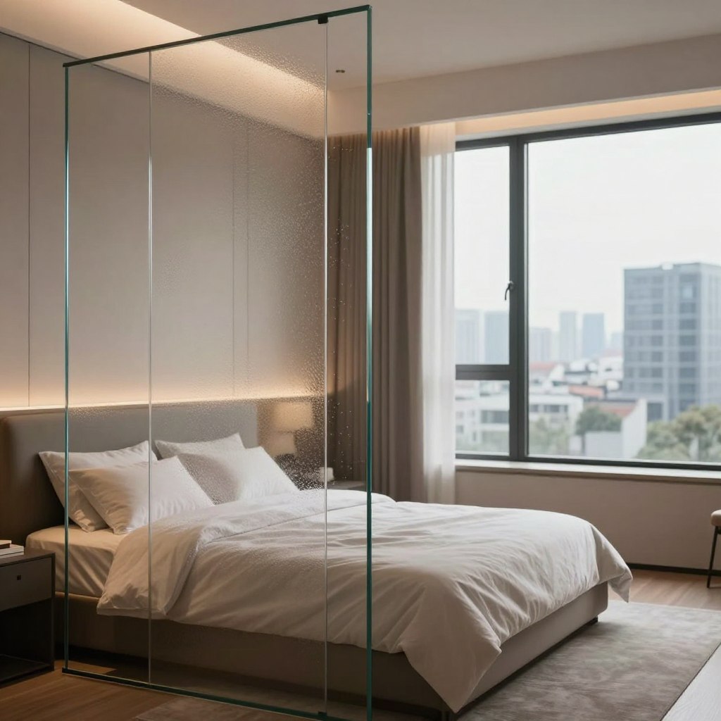A modern bedroom featuring stylish glass elements for privacy solutions. In the foreground, showcase a sleek glass partition with an elegant frosted design, separating the sleeping area from a cozy reading nook. In the middle, highlight a smart glass window that changes opacity, allowing natural light to filter in softly, creating an inviting atmosphere. The background should feature a contemporary cityscape, blurred slightly to emphasize the indoor space. Use warm, diffused lighting to create a serene ambiance, enhancing the elegance of the glass features. Capture the scene from a slight angle to provide depth, focusing on the interplay of light and transparency, evoking a sense of both openness and privacy. A modern bedroom featuring stylish glass elements for privacy solutions. In the foreground, showcase a sleek glass partition with an elegant frosted design, separating the sleeping area from a cozy reading nook. In the middle, highlight a smart glass window that changes opacity, allowing natural light to filter in softly, creating an inviting atmosphere. The background should feature a contemporary cityscape, blurred slightly to emphasize the indoor space. Use warm, diffused lighting to create a serene ambiance, enhancing the elegance of the glass features. Capture the scene from a slight angle to provide depth, focusing on the interplay of light and transparency, evoking a sense of both openness and privacy.