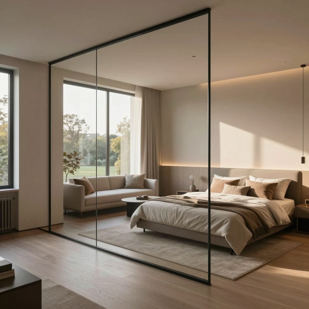 A modern bedroom interior featuring a sleek glass partition that elegantly separates a sleeping area from a sitting area. In the foreground, a plush bed adorned with neutral-toned bedding and decorative cushions sits against a wall, bathed in soft, natural light filtering through the glass. The middle section showcases a contemporary sitting area with minimalist furniture—perhaps a stylish sofa and a small coffee table—complimented by tasteful decor. In the background, large windows open to a serene outdoor view, enhancing the airy atmosphere. The overall mood is calm and inviting, with a focus on clean lines and contemporary design elements. The lighting is warm and soft, creating a tranquil ambiance ideal for relaxation. The angle captures the space's openness, emphasizing the functionality and aesthetic appeal of glass partitions in modern interiors. A modern bedroom interior featuring a sleek glass partition that elegantly separates a sleeping area from a sitting area. In the foreground, a plush bed adorned with neutral-toned bedding and decorative cushions sits against a wall, bathed in soft, natural light filtering through the glass. The middle section showcases a contemporary sitting area with minimalist furniture—perhaps a stylish sofa and a small coffee table—complimented by tasteful decor. In the background, large windows open to a serene outdoor view, enhancing the airy atmosphere. The overall mood is calm and inviting, with a focus on clean lines and contemporary design elements. The lighting is warm and soft, creating a tranquil ambiance ideal for relaxation. The angle captures the space's openness, emphasizing the functionality and aesthetic appeal of glass partitions in modern interiors.