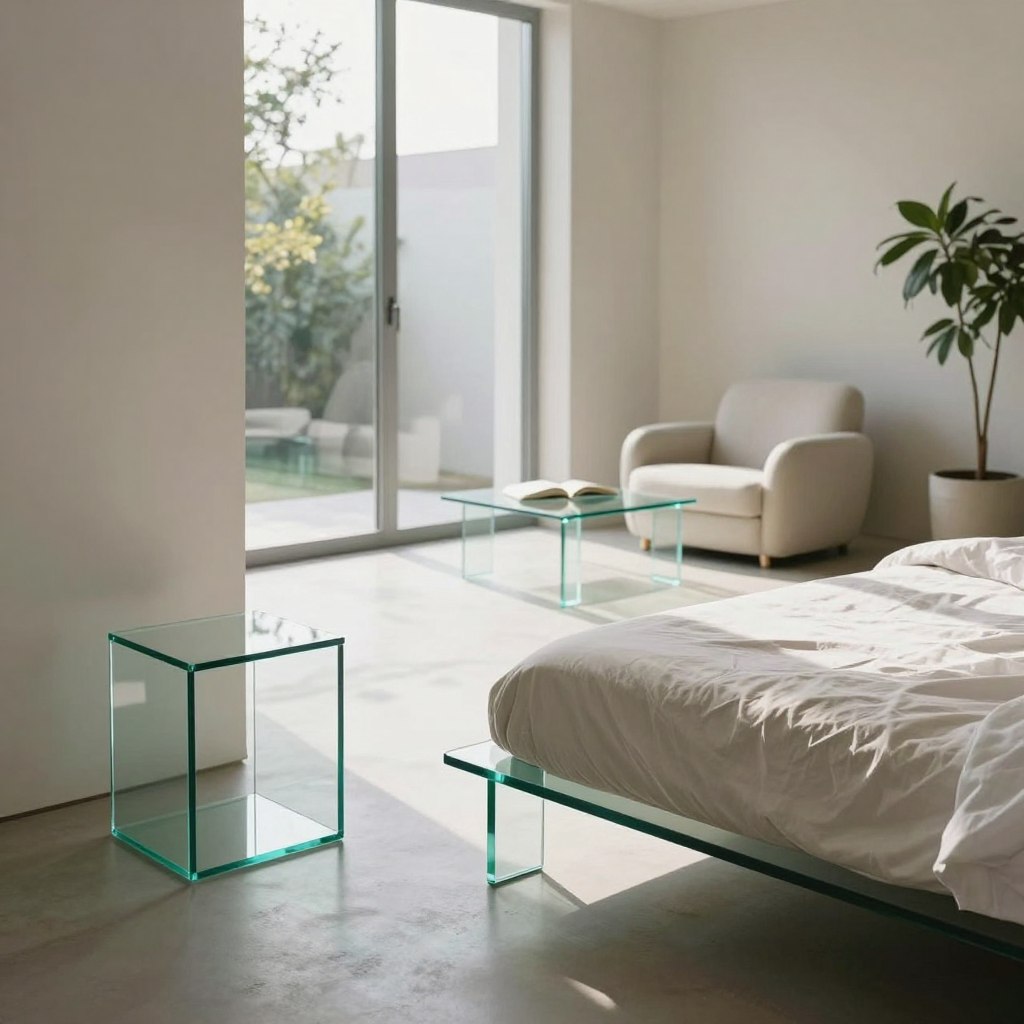 A modern bedroom interior featuring elegant glass elements, showcasing a sleek and airy aesthetic. In the foreground, a stylish bed with a minimalist headboard is adorned with soft, light-colored bedding. To one side, a contemporary glass nightstand reflects natural light, enhancing the sense of openness. In the middle, a large glass window allows abundant daylight to pour in, illuminating the room and casting soft shadows. A cozy reading nook with a glass coffee table and plush armchair invites relaxation. The background displays a subtle, neutral-colored wall, complemented by indoor plants that add a touch of vitality. The atmosphere is calm and serene, with a focus on tranquility. Shot in soft, diffused lighting, from a slightly elevated angle to capture the spaciousness and clean lines of the design. A modern bedroom interior featuring elegant glass elements, showcasing a sleek and airy aesthetic. In the foreground, a stylish bed with a minimalist headboard is adorned with soft, light-colored bedding. To one side, a contemporary glass nightstand reflects natural light, enhancing the sense of openness. In the middle, a large glass window allows abundant daylight to pour in, illuminating the room and casting soft shadows. A cozy reading nook with a glass coffee table and plush armchair invites relaxation. The background displays a subtle, neutral-colored wall, complemented by indoor plants that add a touch of vitality. The atmosphere is calm and serene, with a focus on tranquility. Shot in soft, diffused lighting, from a slightly elevated angle to capture the spaciousness and clean lines of the design.