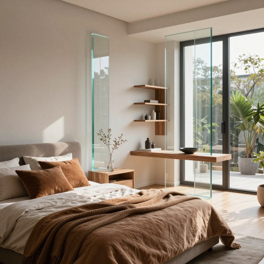 A modern bedroom interior featuring glass decor elements, emphasizing sleek lines and transparency. The foreground includes a cozy bed adorned with warm, textured textiles like soft blankets and plush throw pillows in earthy tones. The middle layer showcases elegant wood accents, such as a stylish nightstand and decorative shelving. Natural light streams through large glass windows, creating a bright and airy atmosphere. The background reveals a minimalistic design with wooden flooring and potted greenery, enhancing the room's warmth. The overall mood is serene and inviting, with a focus on harmony between glass, textiles, and wood. Captured with a wide-angle lens to embrace the spaciousness and elegant textures, casting soft shadows that create depth. A modern bedroom interior featuring glass decor elements, emphasizing sleek lines and transparency. The foreground includes a cozy bed adorned with warm, textured textiles like soft blankets and plush throw pillows in earthy tones. The middle layer showcases elegant wood accents, such as a stylish nightstand and decorative shelving. Natural light streams through large glass windows, creating a bright and airy atmosphere. The background reveals a minimalistic design with wooden flooring and potted greenery, enhancing the room's warmth. The overall mood is serene and inviting, with a focus on harmony between glass, textiles, and wood. Captured with a wide-angle lens to embrace the spaciousness and elegant textures, casting soft shadows that create depth.