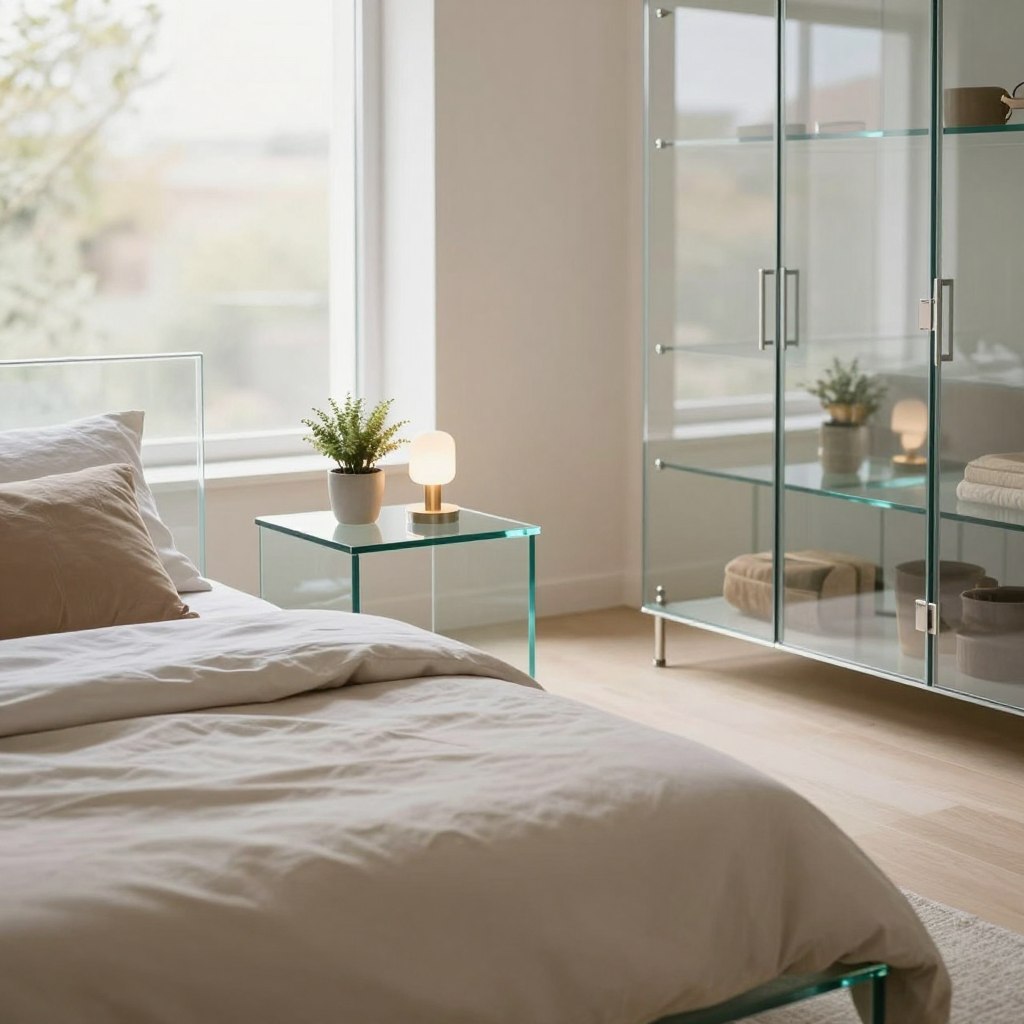 A modern bedroom scene featuring sleek glass furniture, including a minimalist glass bedframe, a contemporary glass side table, and an elegant glass wardrobe. The foreground showcases a softly made bed with a light-colored duvet, accented by plush, neutral-toned pillows. In the middle ground, the glass side table holds a small, decorative plant and a stylish lamp, creating a cozy atmosphere. The background reveals a large window that lets in natural light, illuminating the room and casting gentle reflections off the glass surfaces. Use a warm color palette to evoke a serene and airy mood, employing a slight depth of field and soft focus to enhance the overall elegance. The room should appear uncluttered and inviting, embodying a spacious and modern aesthetic. A modern bedroom scene featuring sleek glass furniture, including a minimalist glass bedframe, a contemporary glass side table, and an elegant glass wardrobe. The foreground showcases a softly made bed with a light-colored duvet, accented by plush, neutral-toned pillows. In the middle ground, the glass side table holds a small, decorative plant and a stylish lamp, creating a cozy atmosphere. The background reveals a large window that lets in natural light, illuminating the room and casting gentle reflections off the glass surfaces. Use a warm color palette to evoke a serene and airy mood, employing a slight depth of field and soft focus to enhance the overall elegance. The room should appear uncluttered and inviting, embodying a spacious and modern aesthetic.