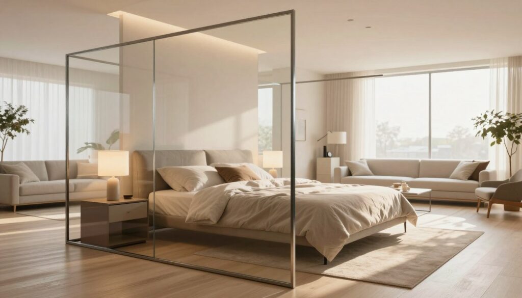 A modern bedroom suite featuring a sleek, transparent glass partition that elegantly divides the sleeping area from the living space. In the foreground, the glass partition showcases minimalist metal framing with soft edges, allowing light to flow freely while maintaining privacy. The middle ground includes a cozy bed adorned with neutral-toned linens and contemporary bedside tables that complement the glass design. The background reveals a bright, airy living area with tasteful decor, large windows allowing natural light to flood in. The scene is bathed in warm, diffused lighting, creating a serene and inviting atmosphere. Use a wide-angle lens to capture the open feel of the space, emphasizing the integration of glass elements into the modern aesthetic.
