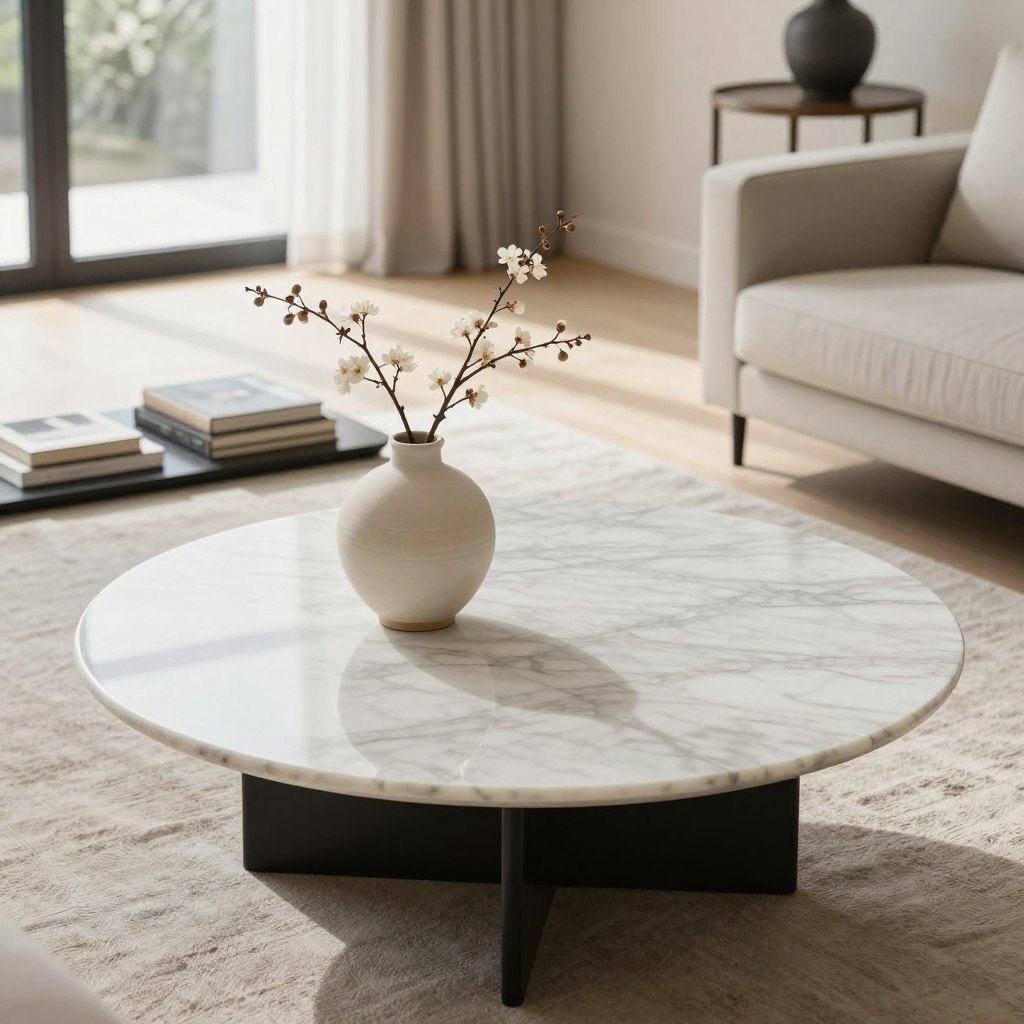A modern coffee table styled with an emphasis on negative space, featuring a sleek, minimalist design. The foreground displays a chic, round marble coffee table with a glossy finish and subtle veining, adorned only with a single artistic ceramic vase, holding a minimalistic flowering branch. In the middle ground, a soft textured linen runner adds warmth, while a few carefully placed coffee table books with neutral covers maintain an elegant simplicity. The background consists of a well-lit, airy living room with soft, natural light streaming through a large window, casting gentle shadows that enhance the sense of space. The atmosphere is tranquil and sophisticated, inviting viewers to appreciate the beauty of intentional editing in decor.
