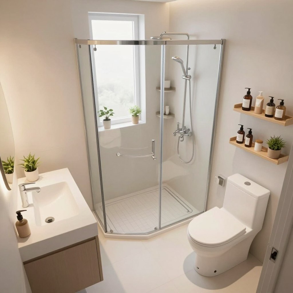 A modern compact bathroom layout showcasing innovative design solutions for small spaces. In the foreground, include a space-saving vanity with under-sink storage and a stylish mirror that makes the room feel larger. The middle showcases a sleek shower with glass doors, strategically placed next to a toilet with a compact design. Utilize wall-mounted shelves for toiletries. In the background, soft, ambient lighting illuminates the space, enhancing the neutral color palette of whites and pastels. Add a small window allowing natural light to filter in, and a few small plants for a touch of greenery. The overall mood is calm and inviting, ideal for maximizing functionality without sacrificing aesthetic appeal. Use a slightly elevated angle to capture the full layout, emphasizing the clever use of space. A modern compact bathroom layout showcasing innovative design solutions for small spaces. In the foreground, include a space-saving vanity with under-sink storage and a stylish mirror that makes the room feel larger. The middle showcases a sleek shower with glass doors, strategically placed next to a toilet with a compact design. Utilize wall-mounted shelves for toiletries. In the background, soft, ambient lighting illuminates the space, enhancing the neutral color palette of whites and pastels. Add a small window allowing natural light to filter in, and a few small plants for a touch of greenery. The overall mood is calm and inviting, ideal for maximizing functionality without sacrificing aesthetic appeal. Use a slightly elevated angle to capture the full layout, emphasizing the clever use of space.