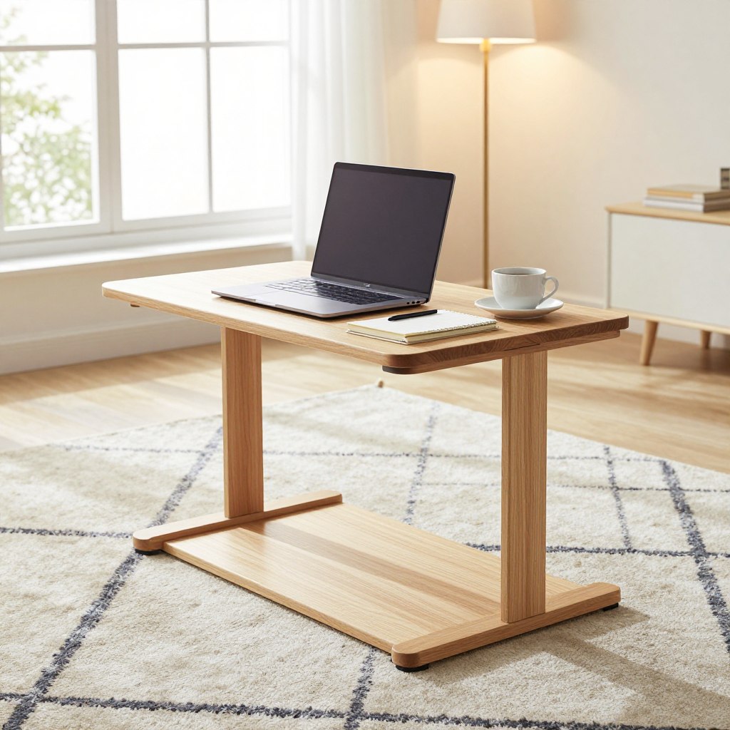 A modern, convertible side table designed for a work-from-home hub, featuring a sleek, minimalist aesthetic. The table is crafted from light-colored wood with clean lines and a foldable top that can easily transition from a compact side table to a spacious work surface. In the foreground, the table holds a stylish laptop, a notebook, and a coffee cup, creating an inviting workspace. In the middle ground, a plush area rug with geometric patterns adds warmth, while a modern floor lamp casts soft, ambient lighting over the scene. The background showcases a bright, airy room with large windows allowing sunlight to flood in, enhancing the fresh, contemporary atmosphere. Aim for a slightly elevated angle to capture the entire setup, emphasizing functionality and elegance.
