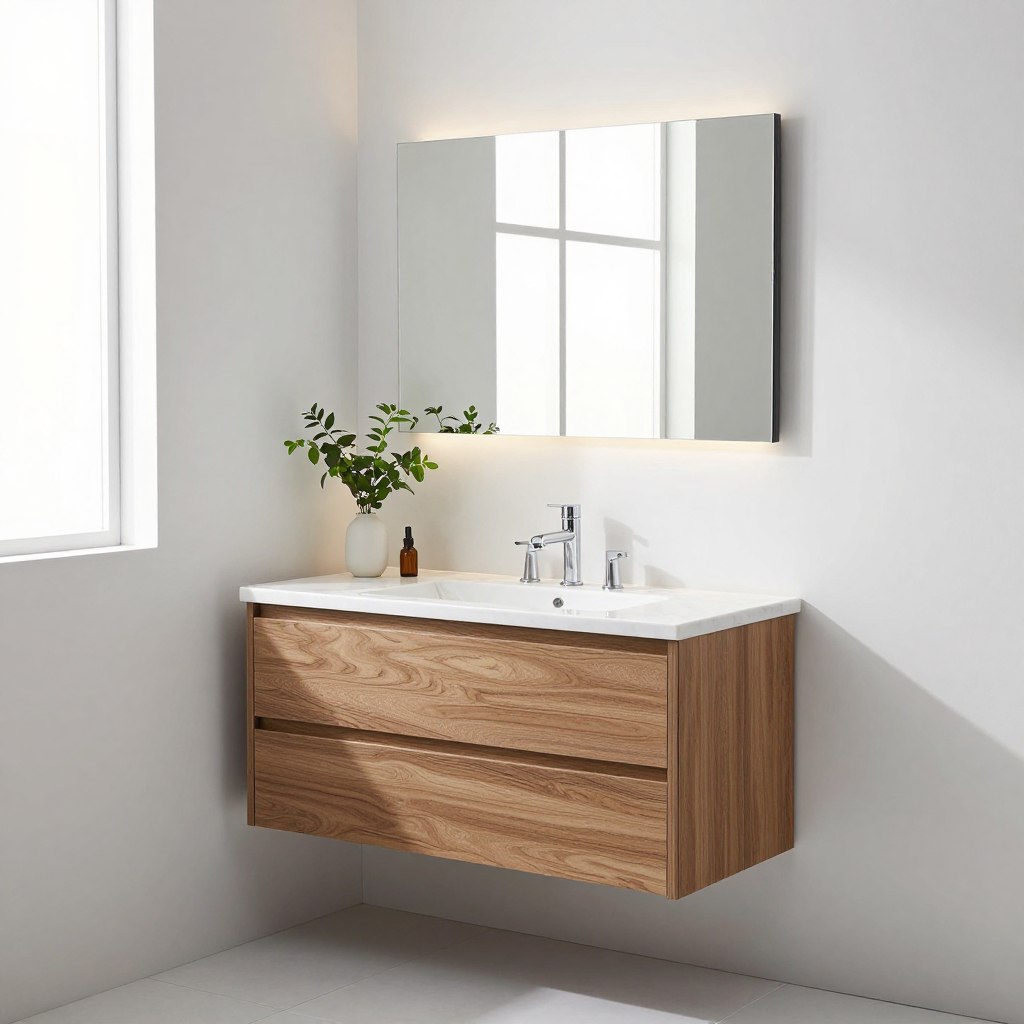 A modern corner floating vanity installation in a compact bathroom, featuring a sleek, minimalist design with clean lines and a glossy finish. The vanity is positioned in the corner, with a seamless marble countertop and integrated sink, surrounded by elegant chrome fixtures. The cabinetry showcases a wood grain texture for warmth, contrasting with the bright white walls and polished tiles. Soft, ambient lighting casts a gentle glow, accentuating the vanity’s features. A large mirror hangs above, reflecting the serene atmosphere. In the background, potted greenery adds a fresh touch while maintaining a clutter-free space. The scene is captured from a slight angle to emphasize the corner setup, creating a spacious yet inviting mood. Natural light filters in through a frosted window, enhancing the modern aesthetic.