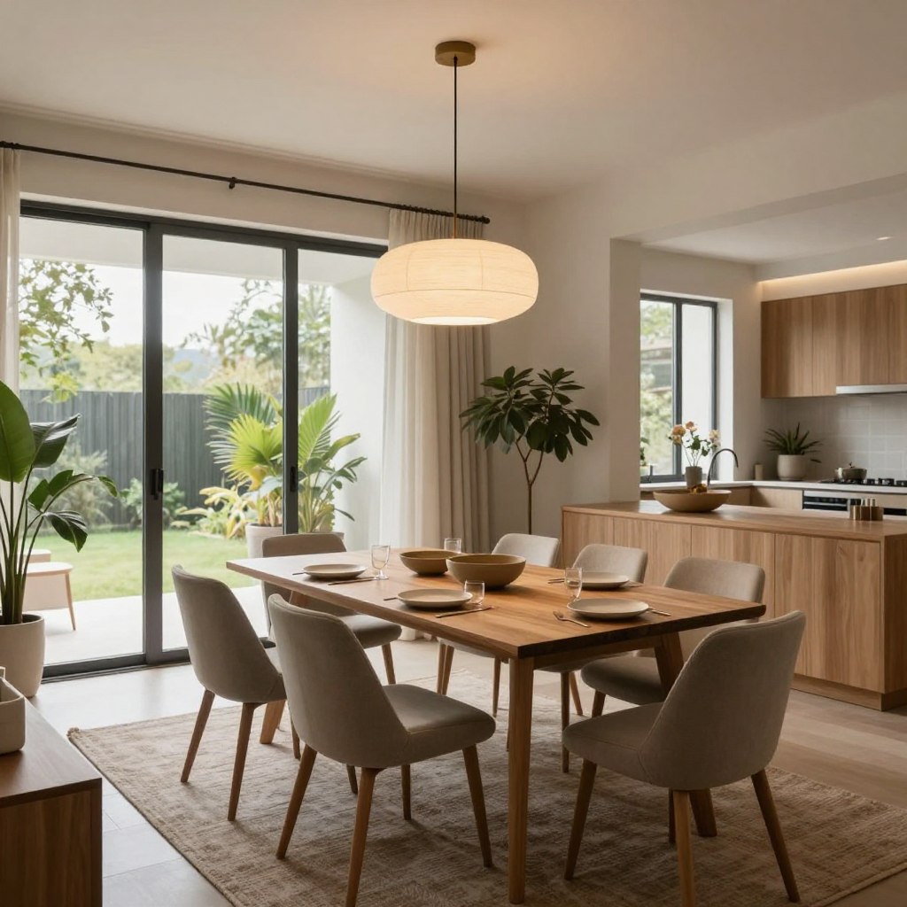 A modern dining room design featuring an open concept integration with a cozy atmosphere. In the foreground, a stylish wooden dining table surrounded by sleek, comfortable chairs, elegantly set with minimalistic tableware. In the middle background, large glass sliding doors leading to a serene outdoor space, allowing natural light to flood the room. Soft, neutral color tones on the walls coupled with a textured area rug under the table enhance warmth. A modern chandelier hangs from the ceiling, casting a soft glow, while potted plants add a touch of greenery. The scene captures a welcoming, sophisticated vibe, perfect for entertaining, seen from a slightly elevated angle to highlight the spaciousness.