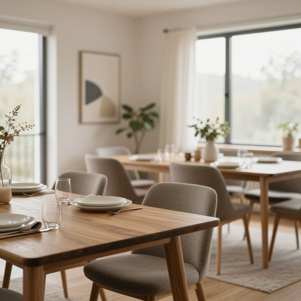A modern dining room featuring Scandinavian-inspired design, highlighting natural wood elements. In the foreground, a sleek wooden dining table set with minimalist white dinnerware and soft beige linen napkins. The middle ground showcases stylish, upholstered dining chairs in muted tones, arranged around the table. A warm, neutral color palette dominates the room, with large windows allowing soft, diffused natural light to flood in. The background displays a simple yet elegant wall adorned with a single piece of abstract art and potted greenery in the corners to add a touch of life. The atmosphere is serene and inviting, conveying comfort and simplicity, captured in a soft focus with a slight depth of field to emphasize the dining area. The lighting is warm and inviting, creating a cozy ambiance.