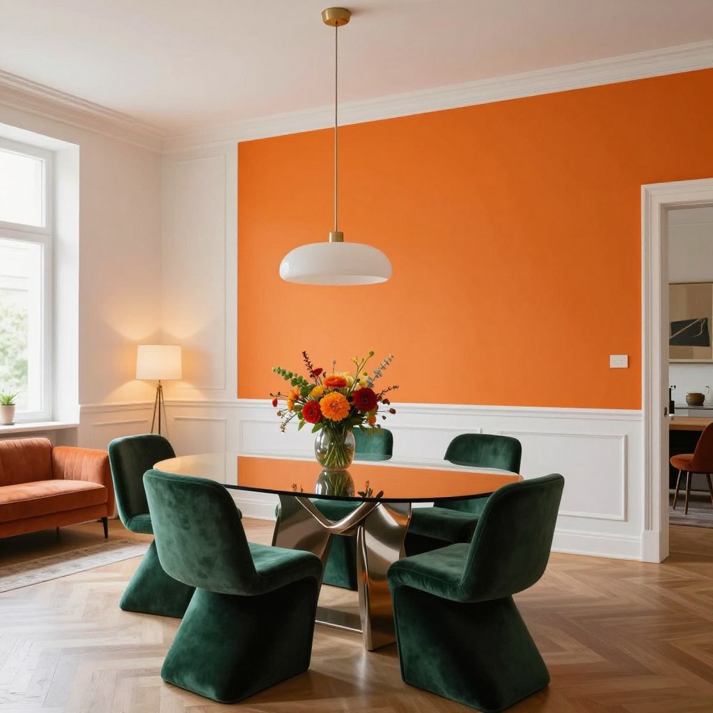 A modern dining room featuring bold color statements, with a striking, oversized orange feature wall that contrasts with chic white paneling. In the foreground, an elegant glass dining table is surrounded by sculptural green velvet chairs, showcasing a harmonious blend of comfort and style. The middle ground includes a stylish centerpiece, such as a vibrant floral arrangement, adding a lively touch. In the background, soft ambient lighting creates a warm atmosphere, with sleek pendant lights hanging above. The large windows let in natural light, enhancing the room's modern aesthetic. Capture the scene with a wide-angle lens, showcasing the space's openness and inviting feel, evoking a sense of coziness and contemporary design.