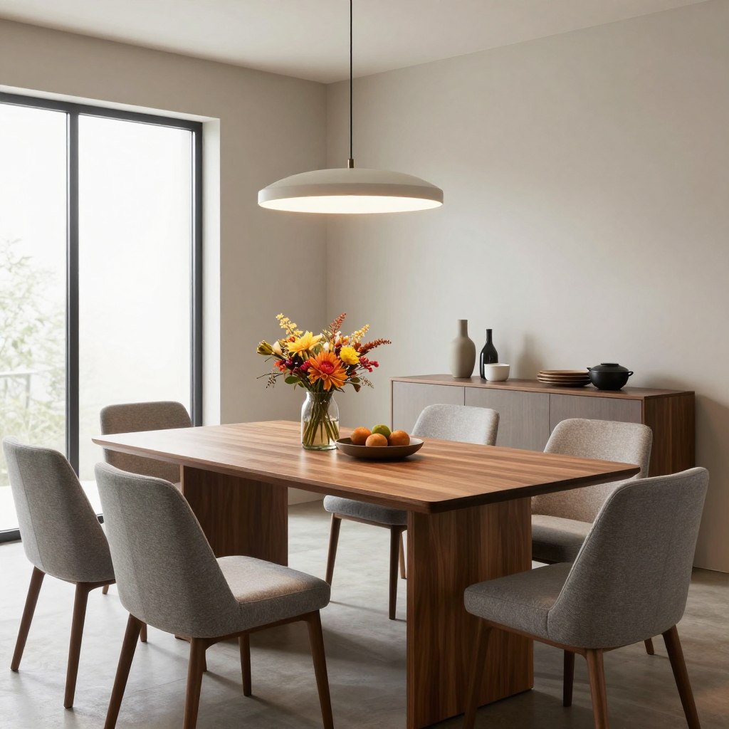 A modern dining room featuring sleek, minimalist furniture designed for smart living. In the foreground, a stylish rectangular dining table made of polished wood with elegant chairs upholstered in soft grey fabric. A decorative centerpiece with vibrant, seasonal flowers adds a cozy touch. The middle of the scene shows a contemporary sideboard with a few tasteful decor items, a stylish pendant light casting a warm glow over the table, and large windows letting in plenty of natural light. In the background, a subtle color palette of muted earth tones enhances the inviting atmosphere. The mood is warm and inviting, suitable for gatherings. Shot with a wide-angle lens to capture the entire setup, illuminating the space beautifully with steady, soft lighting.